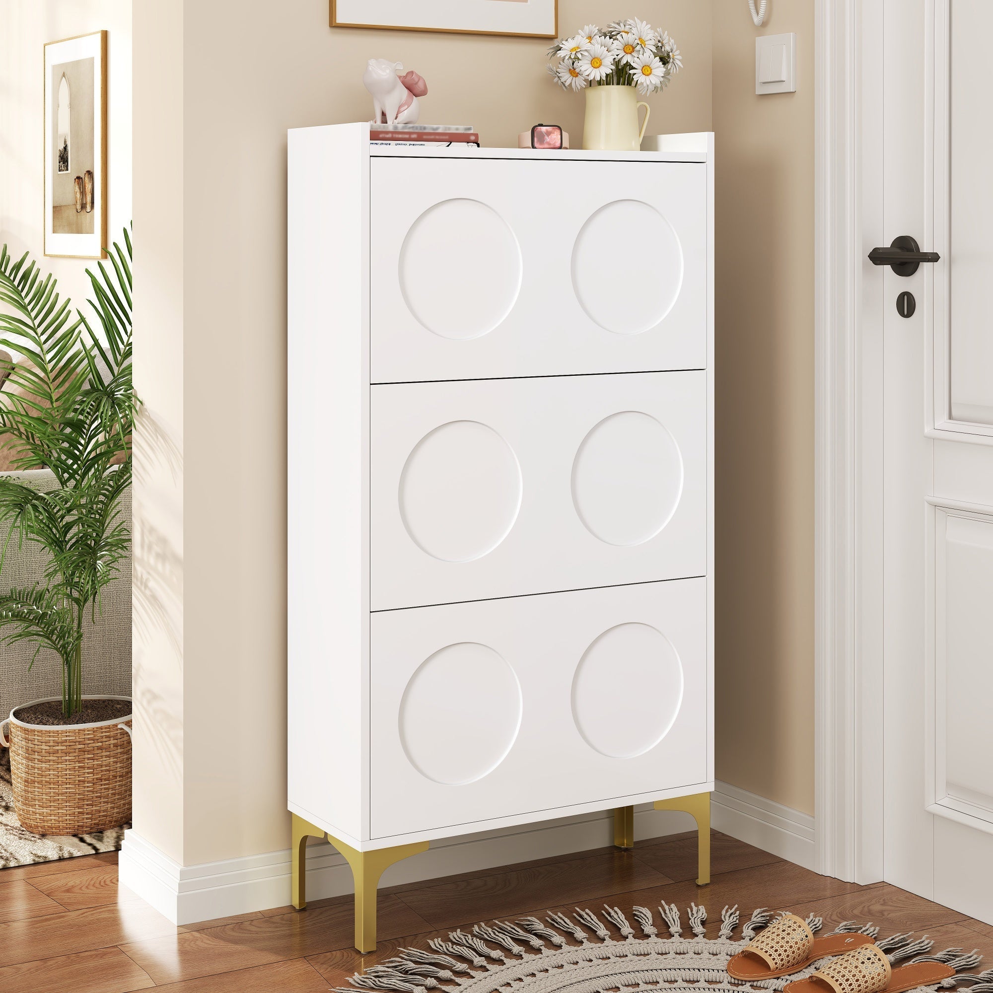 Modern Shoe Cabinet, 3-Tier Storage Metal Feet Entryway, White