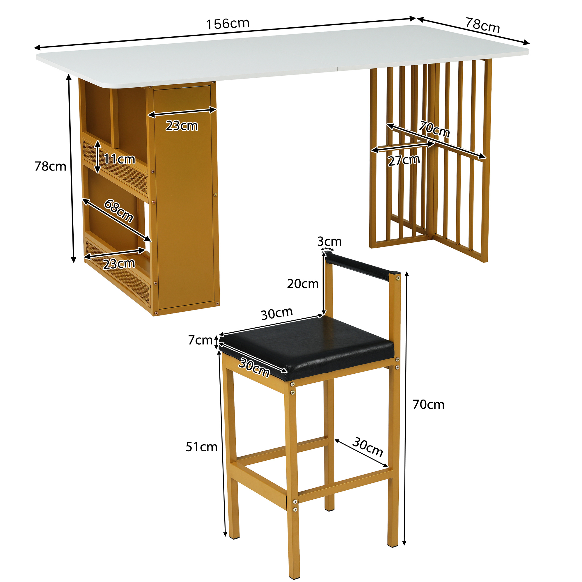 Dining Set with Rectangular Table and 6 Chairs, Steel Frame, White and Gold
