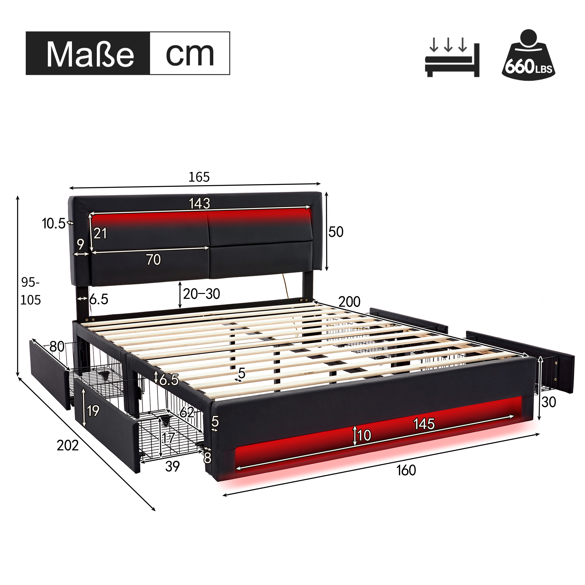 Upholstered Bed 160x200cm with USB Charging, LED Lighting and 4 Drawers, Black PU Lychee Pattern