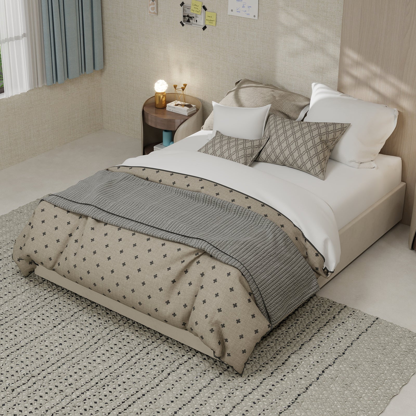Modern Minimalist Bed Frame, 140x200cm Gas Lift Storage, Dutch Velvet Beige