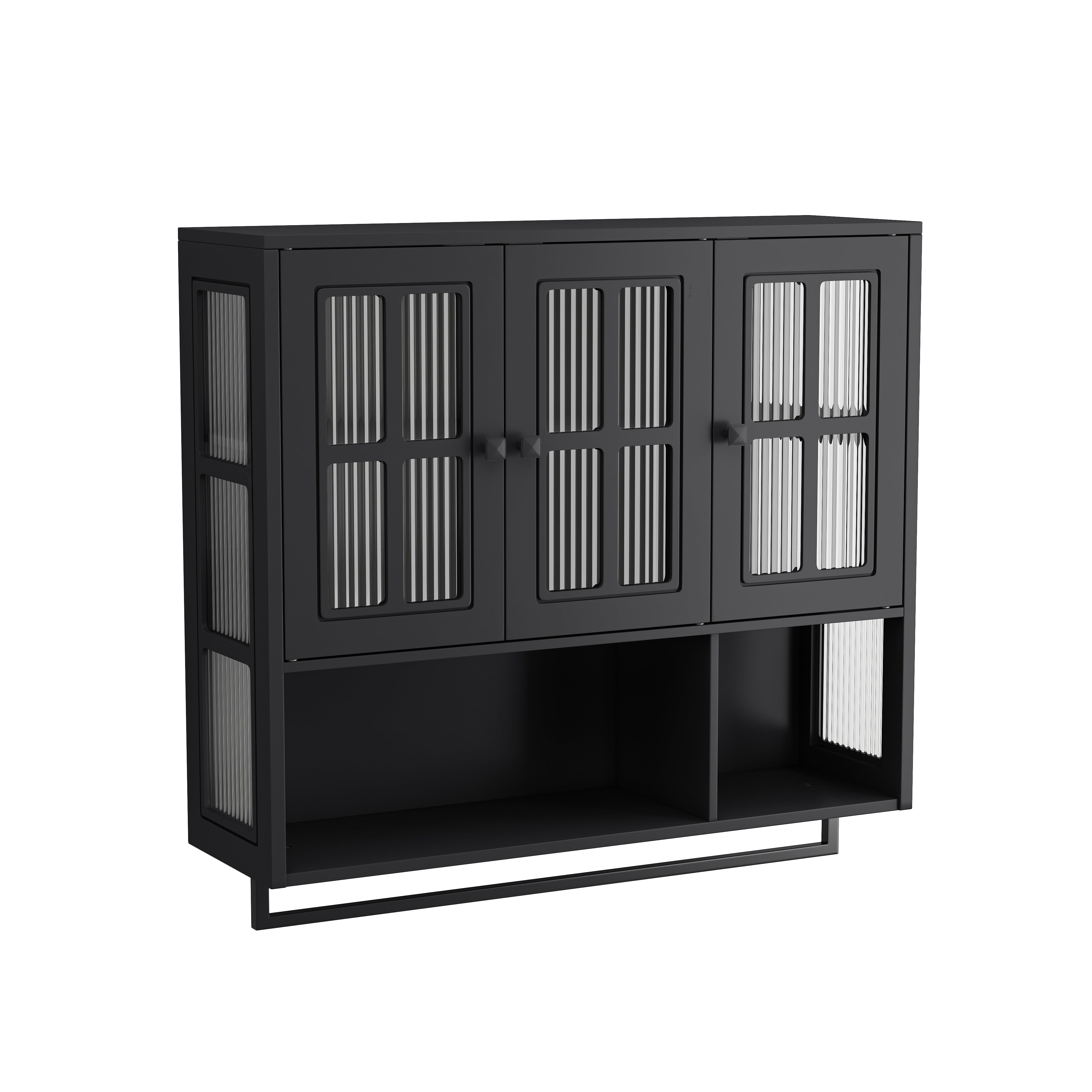 Bathroom Wall Cabinet 3-Door Wooden Glass Door Towel Bar, Black