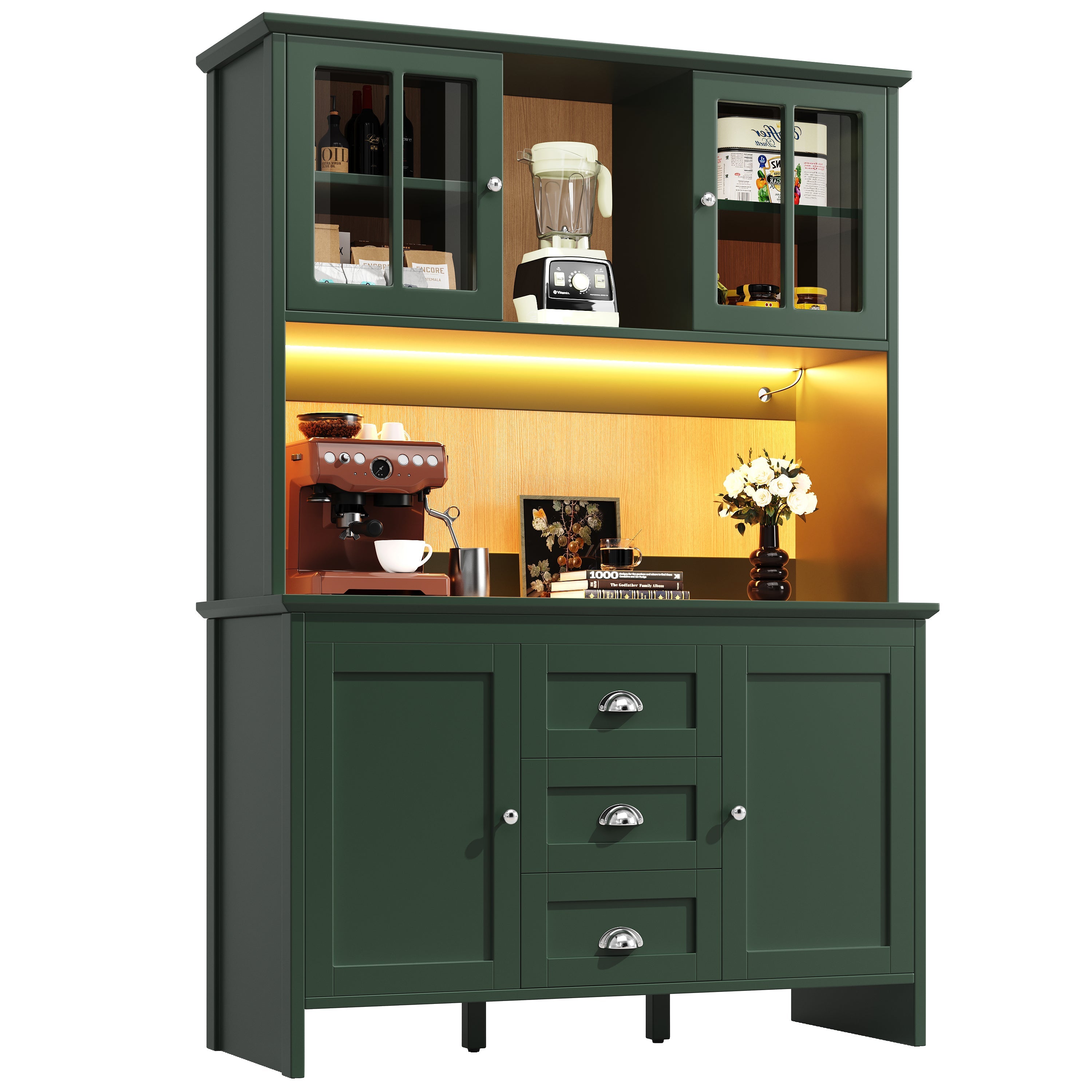 Tall Kitchen Cabinet Sideboard with Brown Glass Doors and LED Lighting, Green