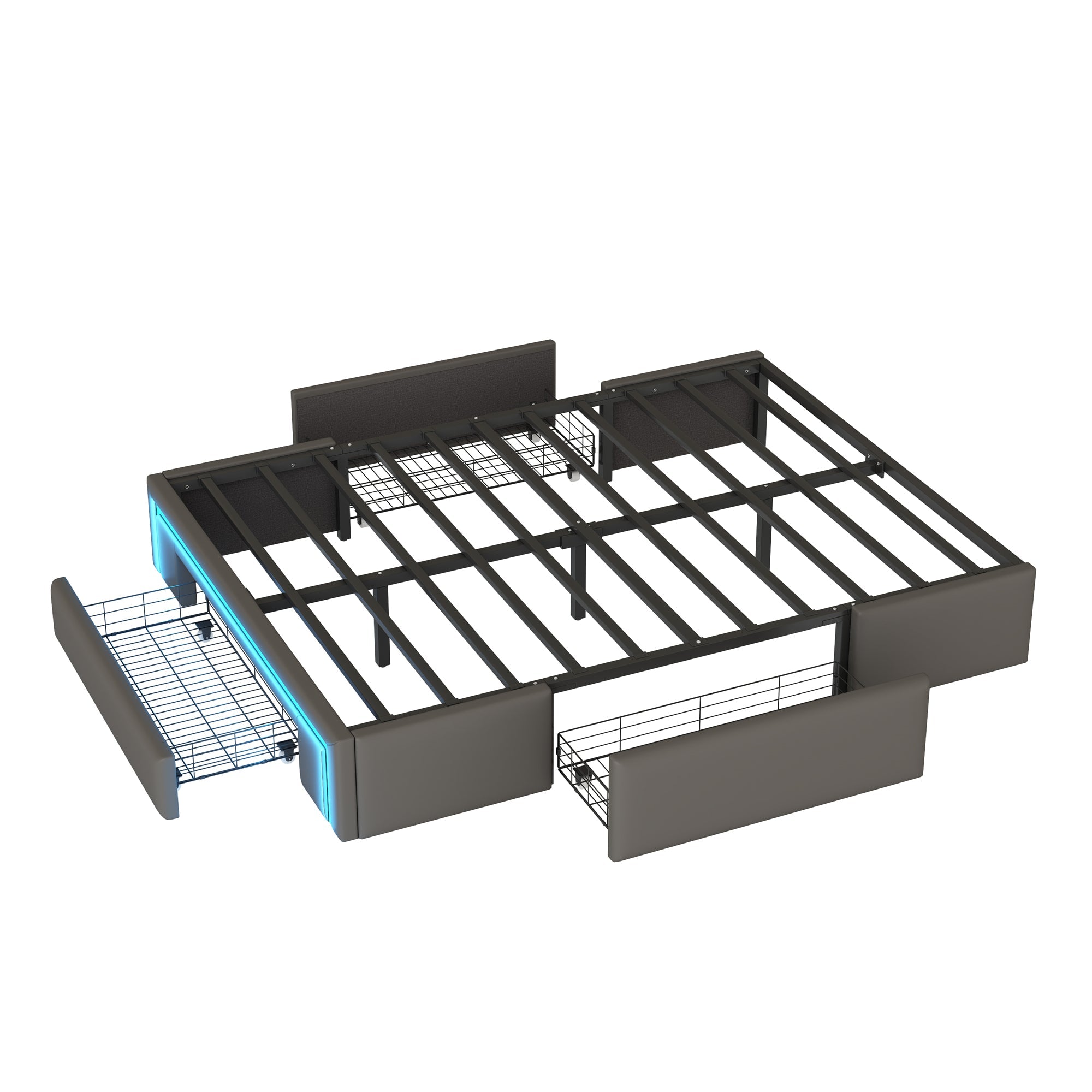 Bed Frame 160x200 with Drawers, LED Light Bar, Metal Slatted Platform, PU Leather Gray