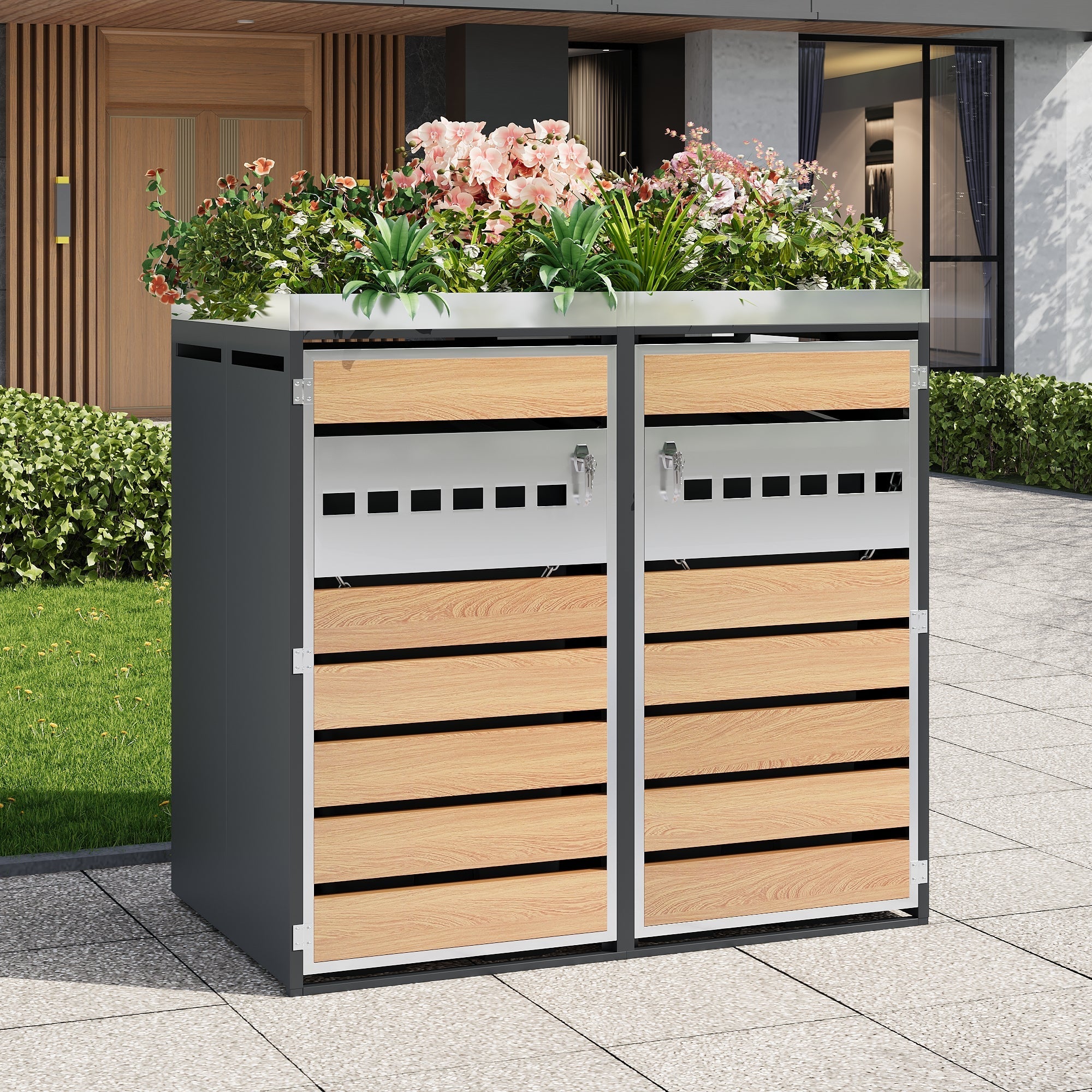 Trash Can Storage Box with Lockable Two Doors and Planting Area, Ventilation, Steel