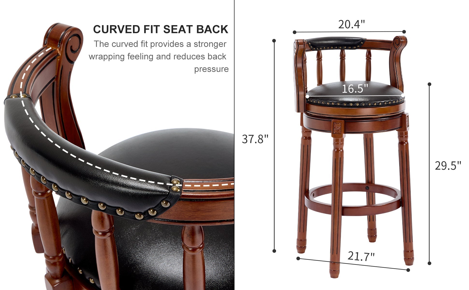Bar Stools 360° Swivel with Backs Bar Counter Height - Cow Top Leather Wooden