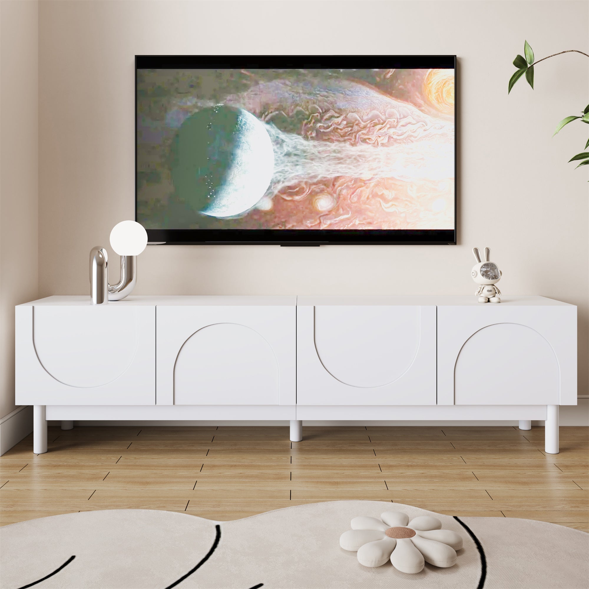 Lowboard TV Cabinet with Curved Doors, Shelves & Stabilizing Legs