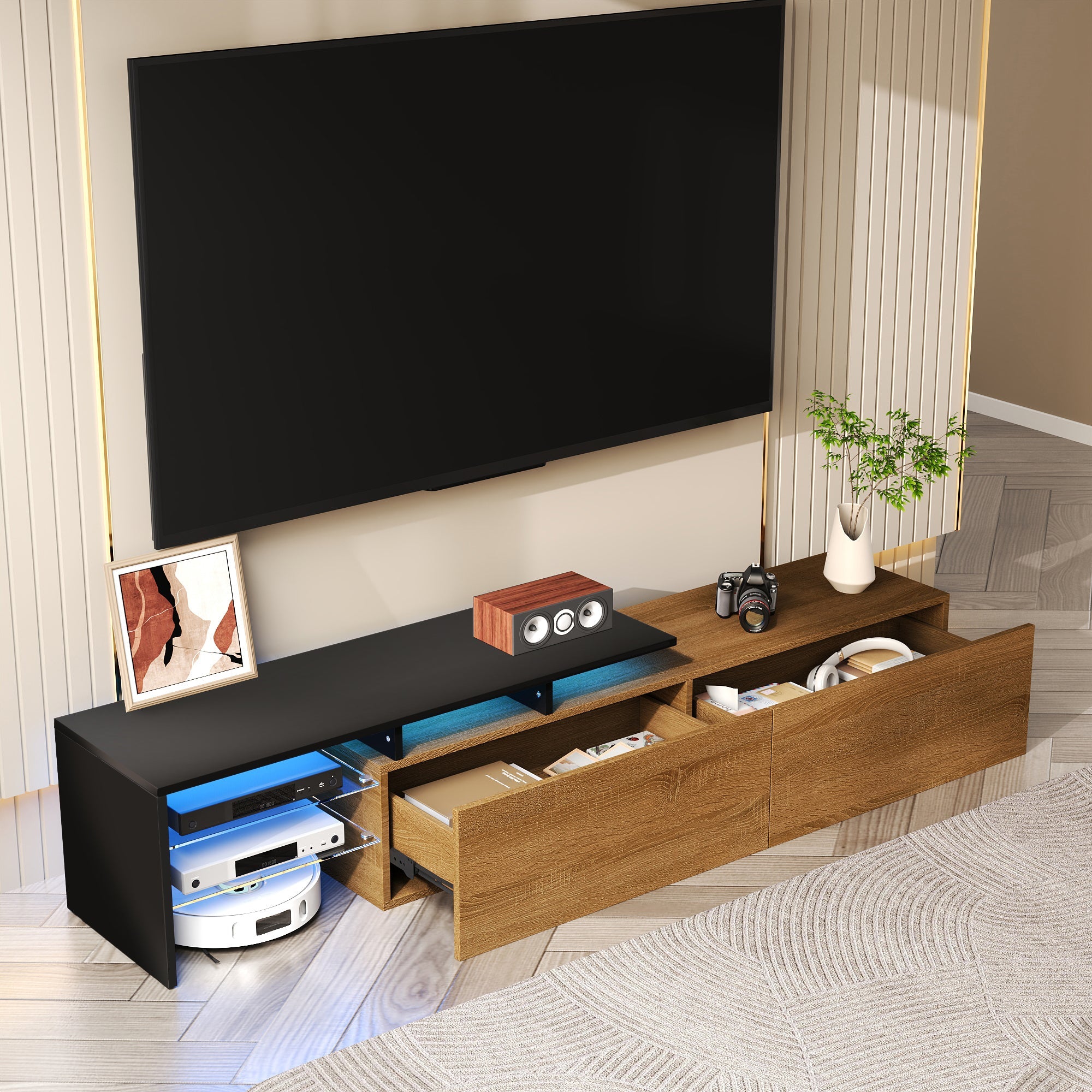 TV Cabinet: Modern, Elegant, Practical Storage, Black Wood Look, Glass, LED