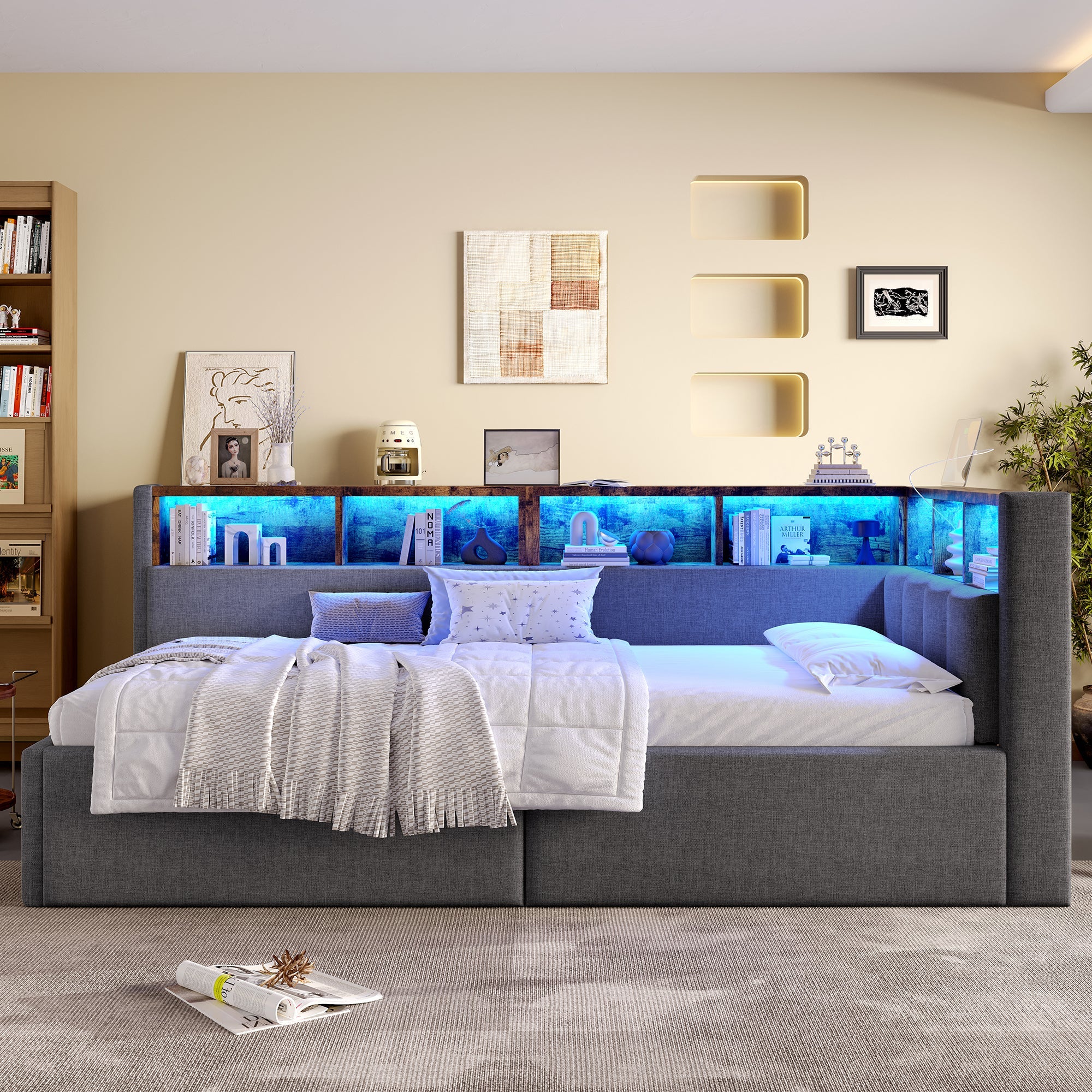Daybed 90x200cm Hydraulic Storage LED USB/Type-C - Linen Grey