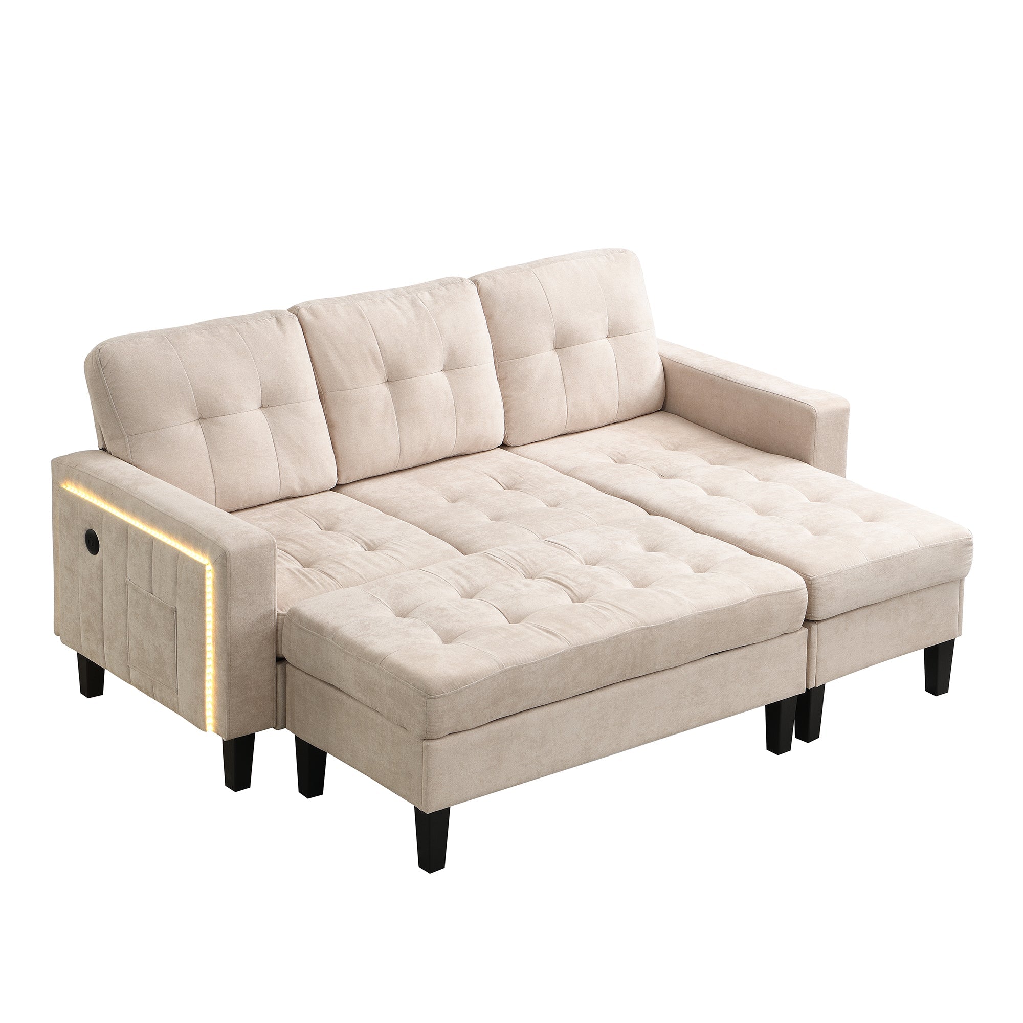 Multifunctional L-shaped Sofa Set with LED Lighting and Footstool, Modular Design