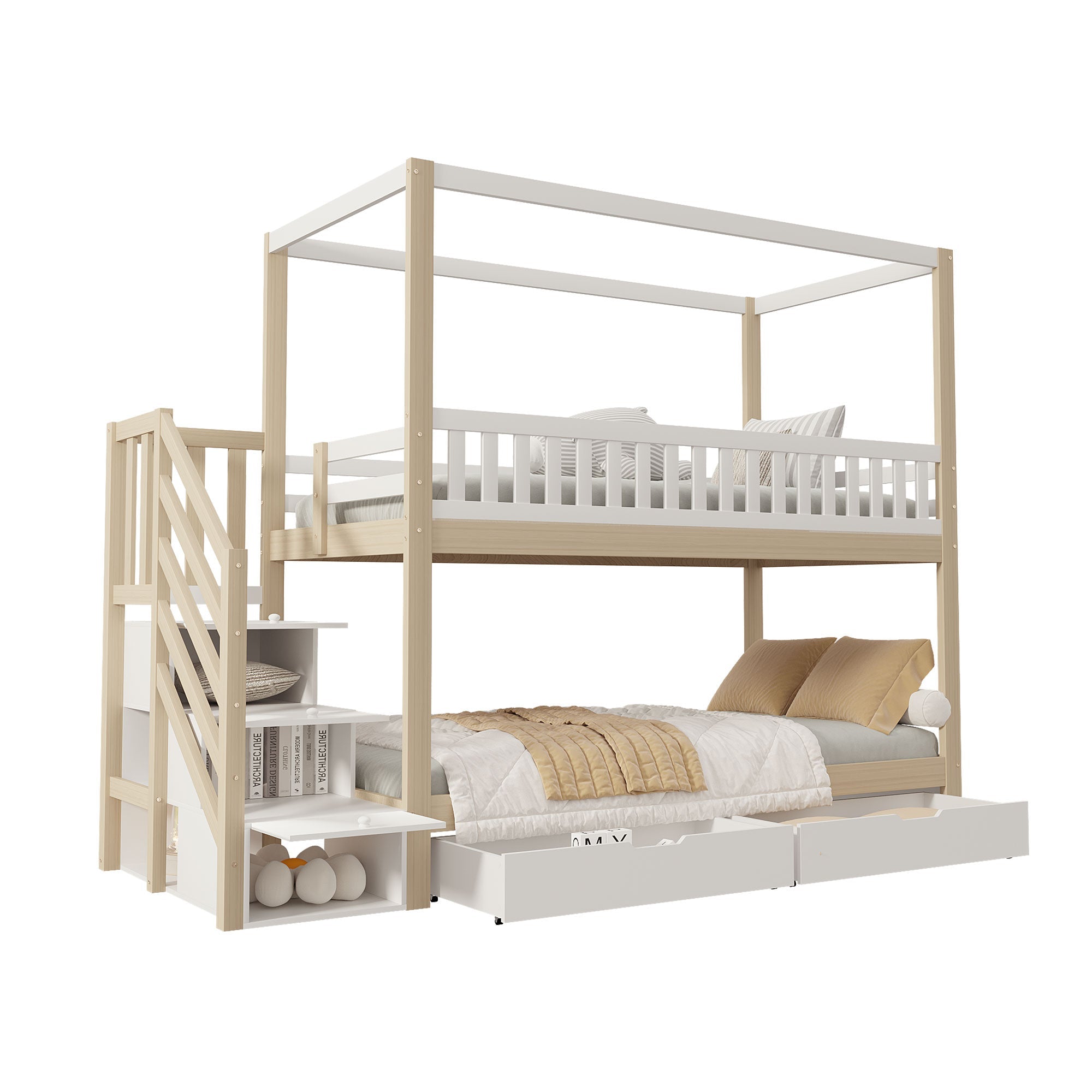 Bunk Bed, 90x200cm Solid Wood Double with Storage & Ladder, White & Wood