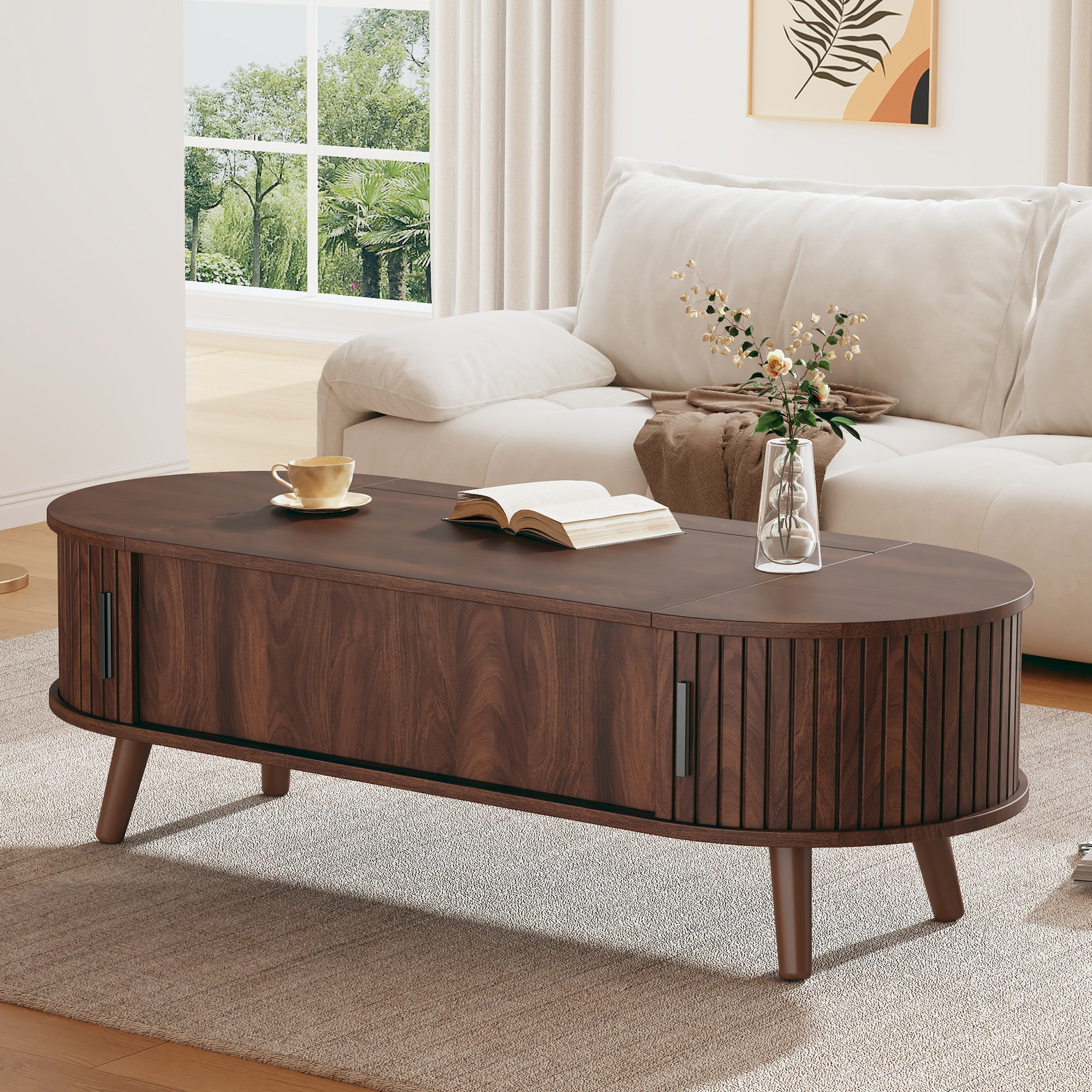 Coffee Table, Liftable with Hidden Storage & 5 Shelves, Walnut