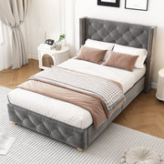 Upholstered Bed with Button Studded Headboard and Wooden Legs, 90x200cm, Grey Velvet