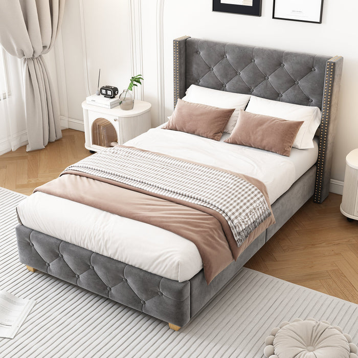 Upholstered Bed with Button Studded Headboard and Wooden Legs, 90x200cm, Grey Velvet