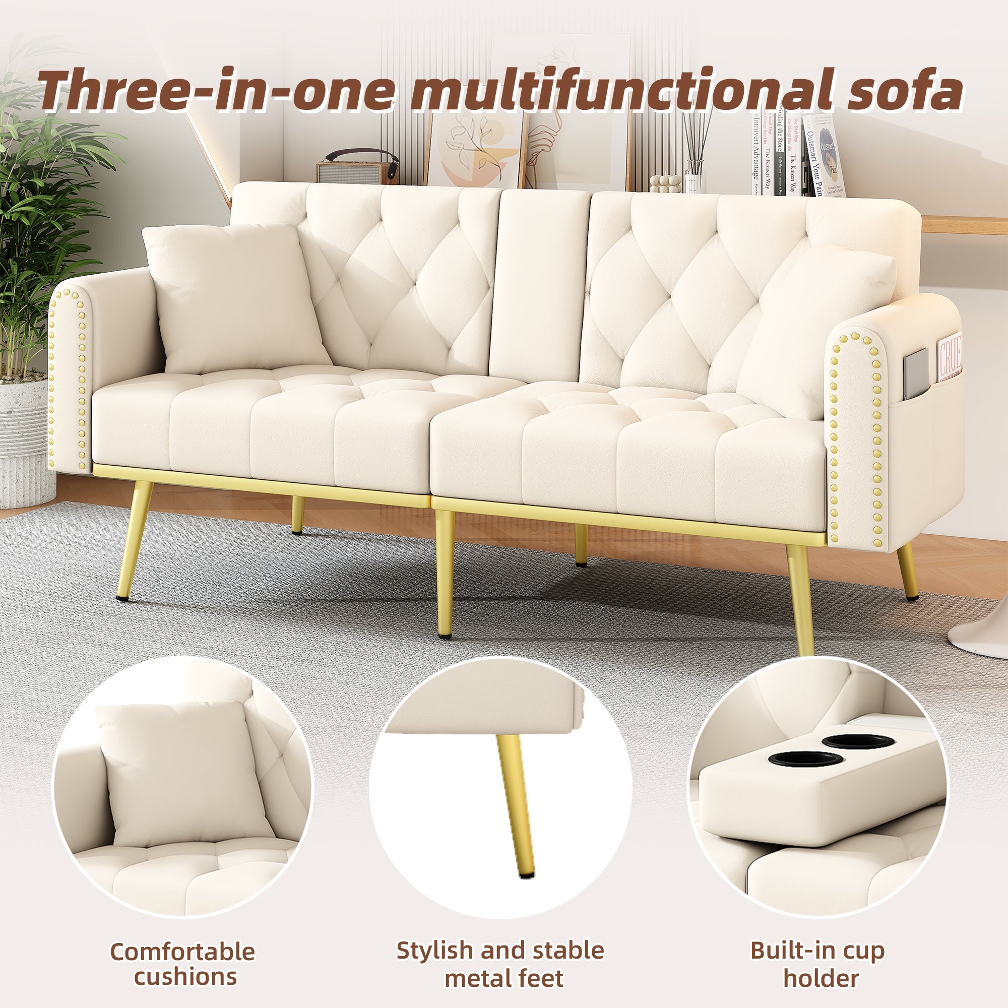 Sofa Bed Double Fold-Out Reclining Cup Holders - Fabric Beige