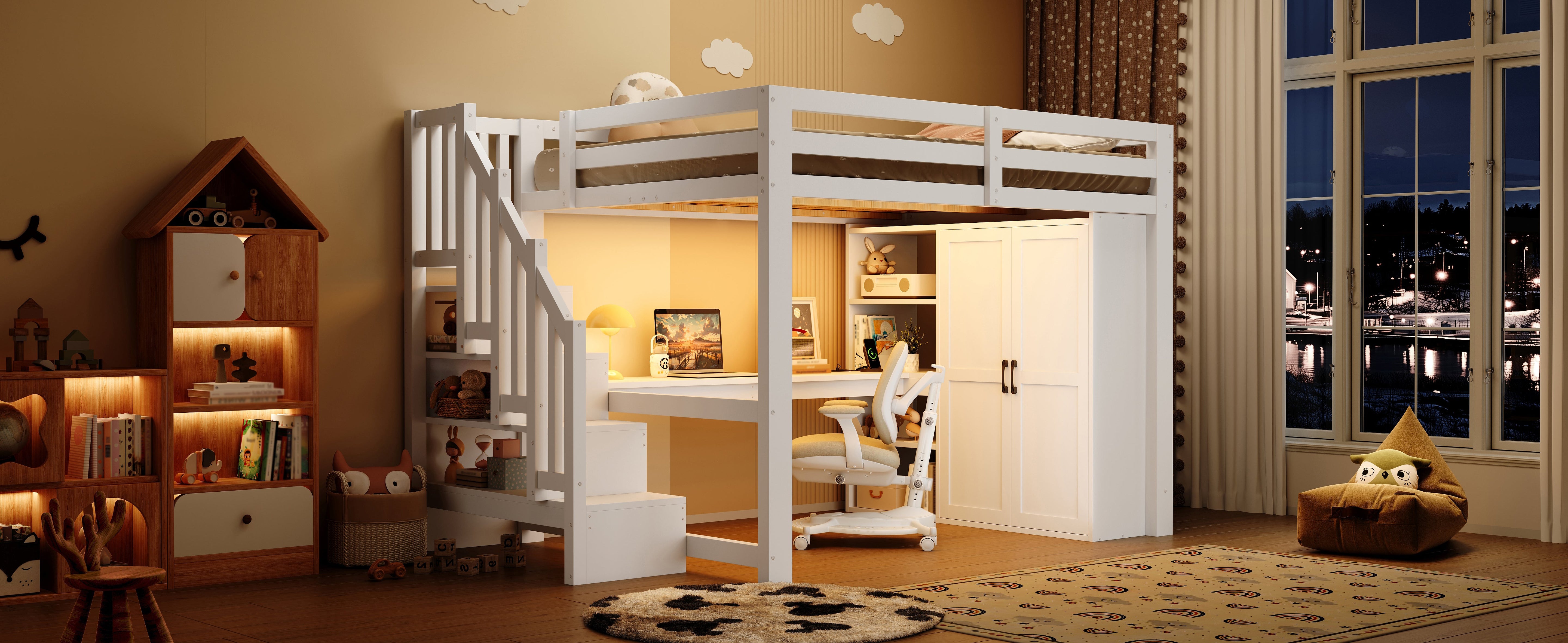 140x200 Loft Bed with Desk, Shelf, Wardrobe, Storage Stairs, USB and LED Lights, White