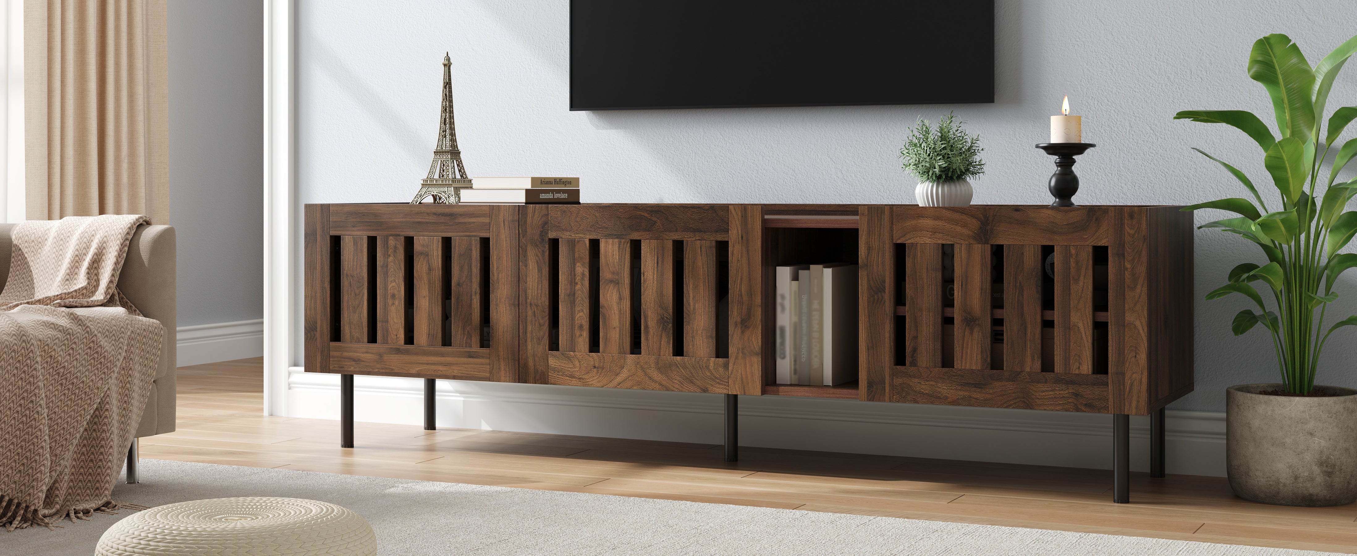 Lowboard Minimalist TV Stand 160cm for 65-inch TV Walnut Wood Finish
