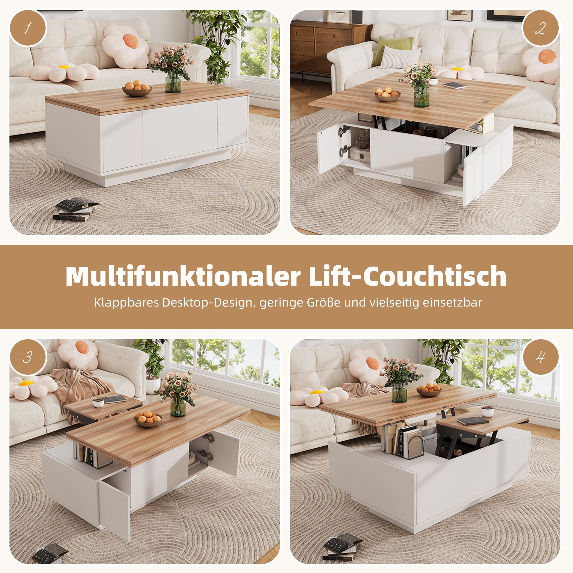 Coffee Table, Modern Double Lift Mechanism with Hidden Storage, 50kg Capacity