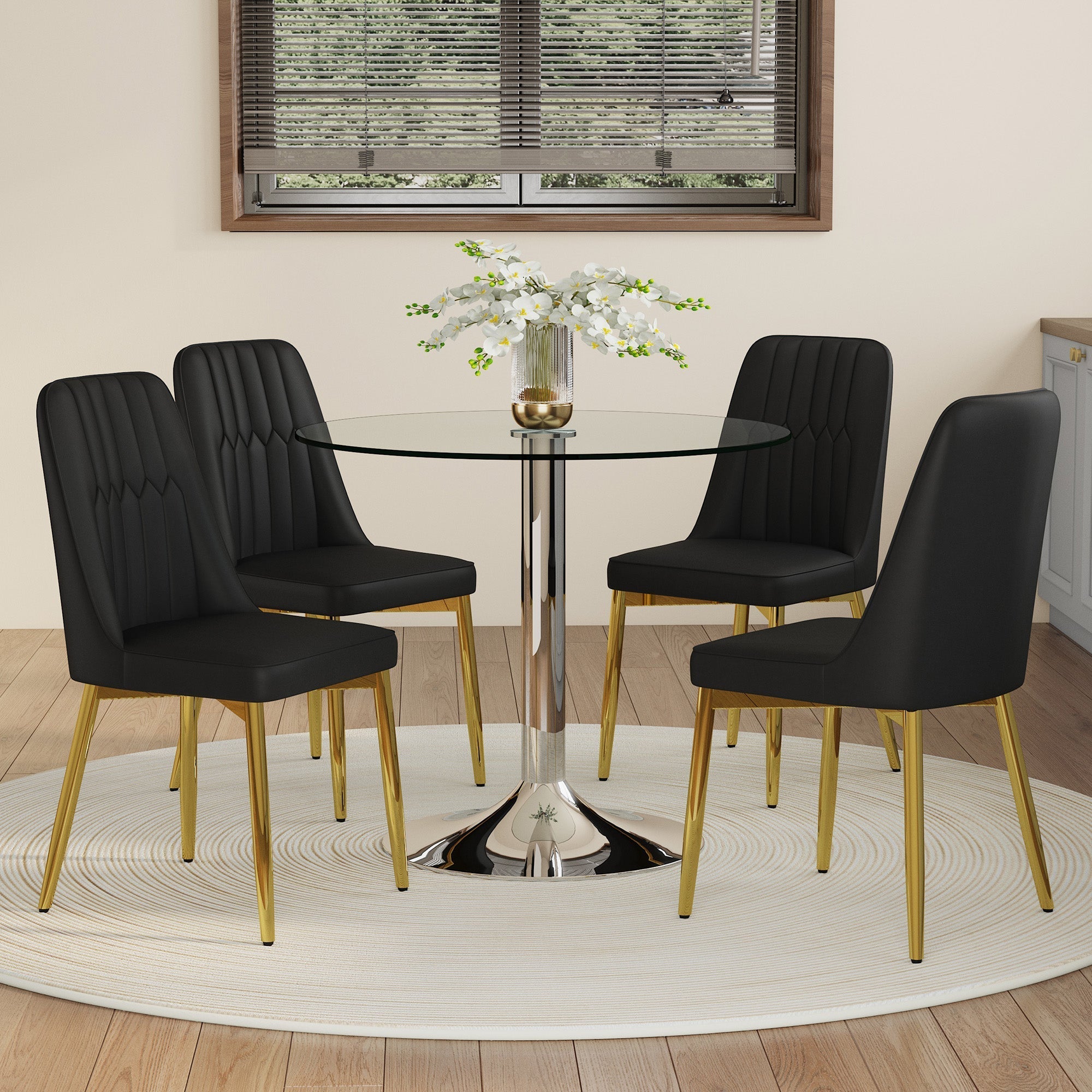 Dining Set 85cm Round Glass Table 4 Black PU Chairs Gold Legs