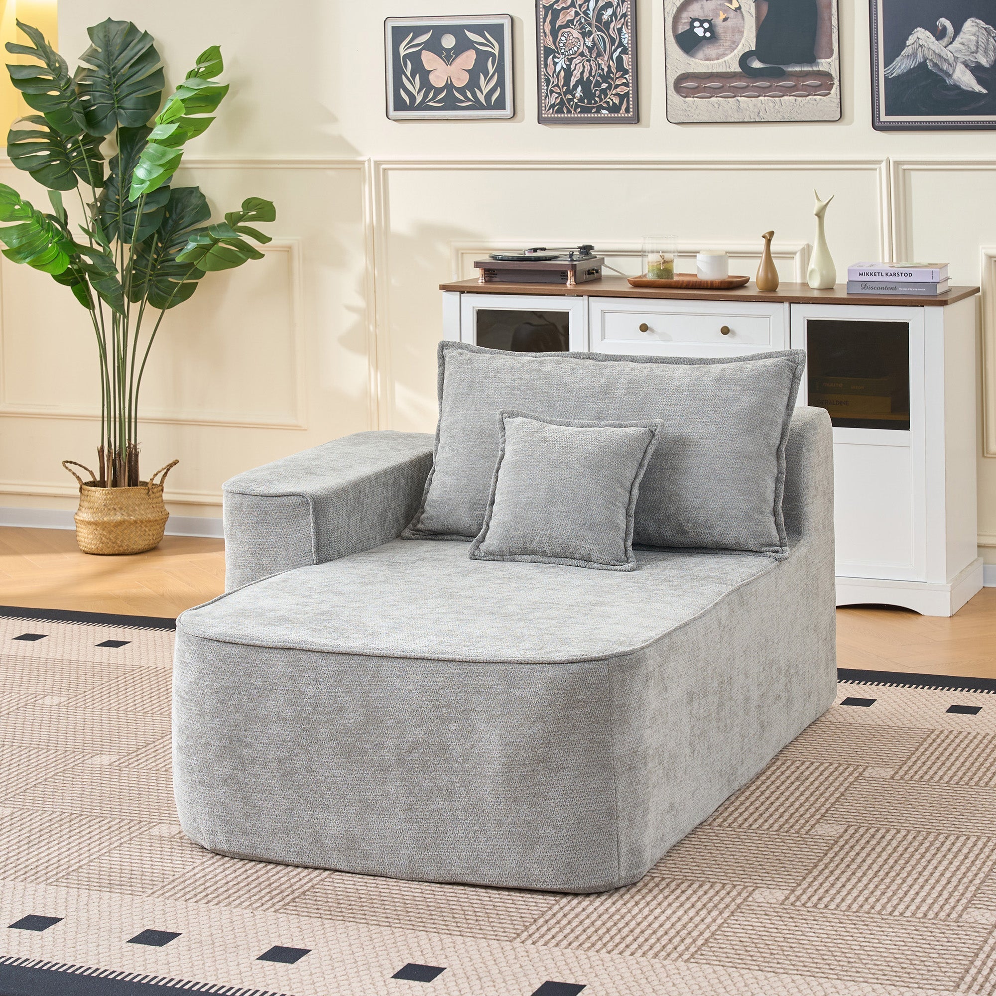 Chaise Longue Soft Sofa Cushions Side Pockets - Grey