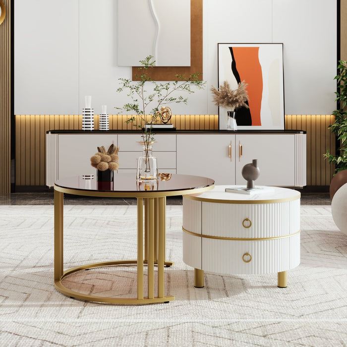 Coffee Table, 2-in-1 Round MDF & Tempered Glass with 2 Drawers, White & Brown