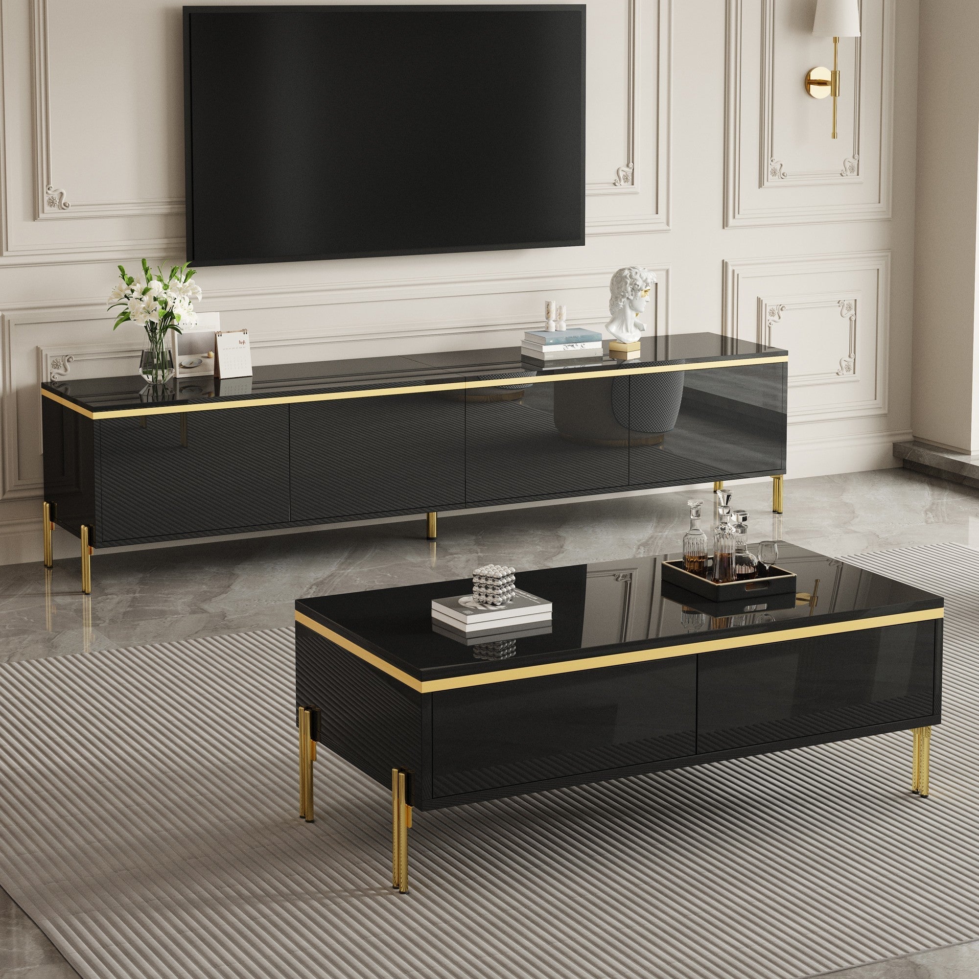 Modern Luxury TV Cabinet & Coffee Table Set - High-Gloss Gold Edges Storage