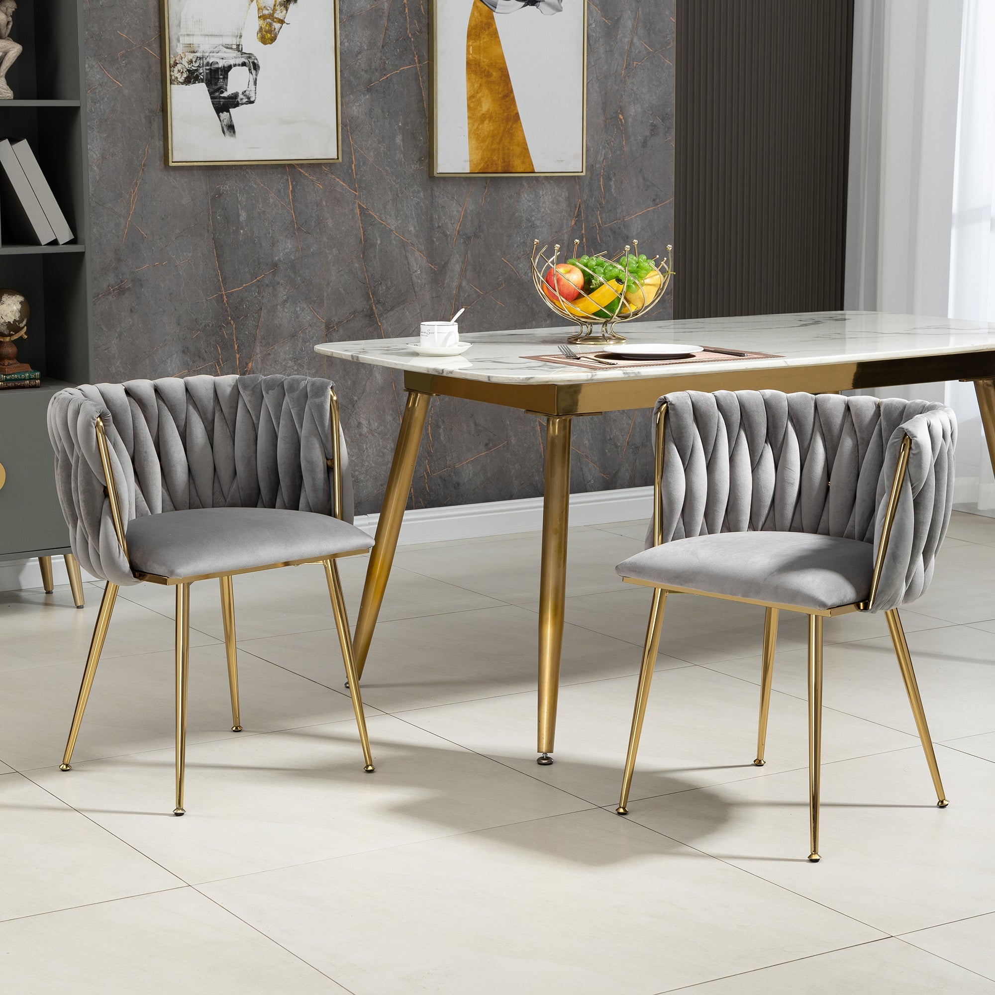 Velvet Dining Chair Set, Luxurious with Gold Metal Legs, Handwoven Design