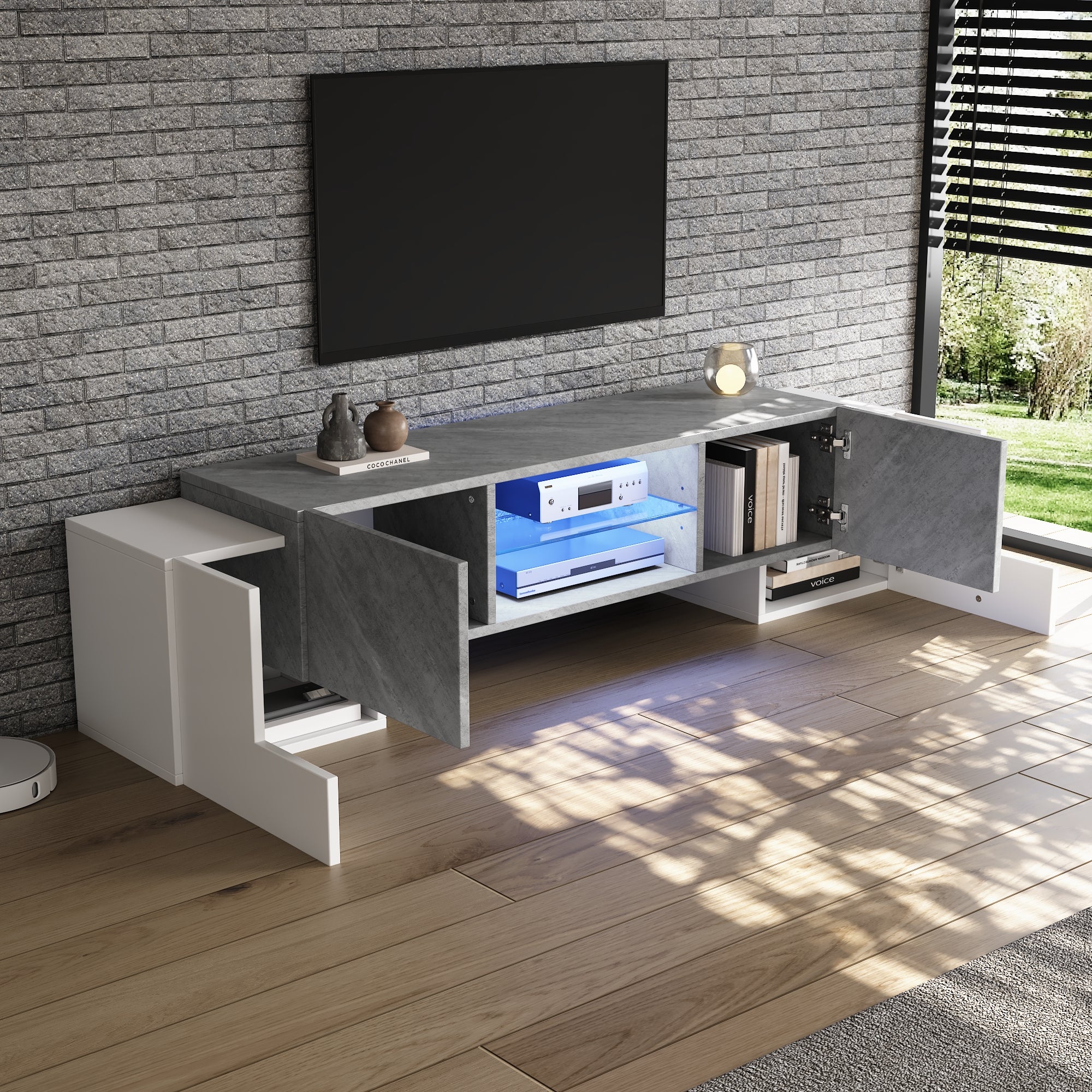 TV Cabinet 180*40*46.5cm, Lowboard with Bluetooth LED, White & Gray
