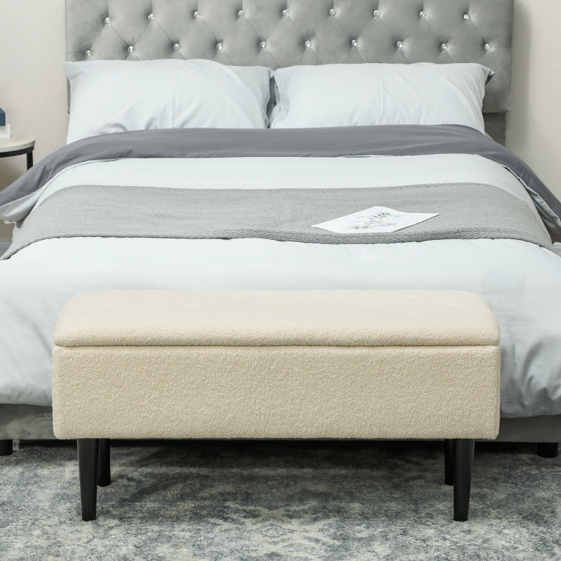 47L Storage Ottoman Padded Seat Wooden Legs Teddy Fleece Cream