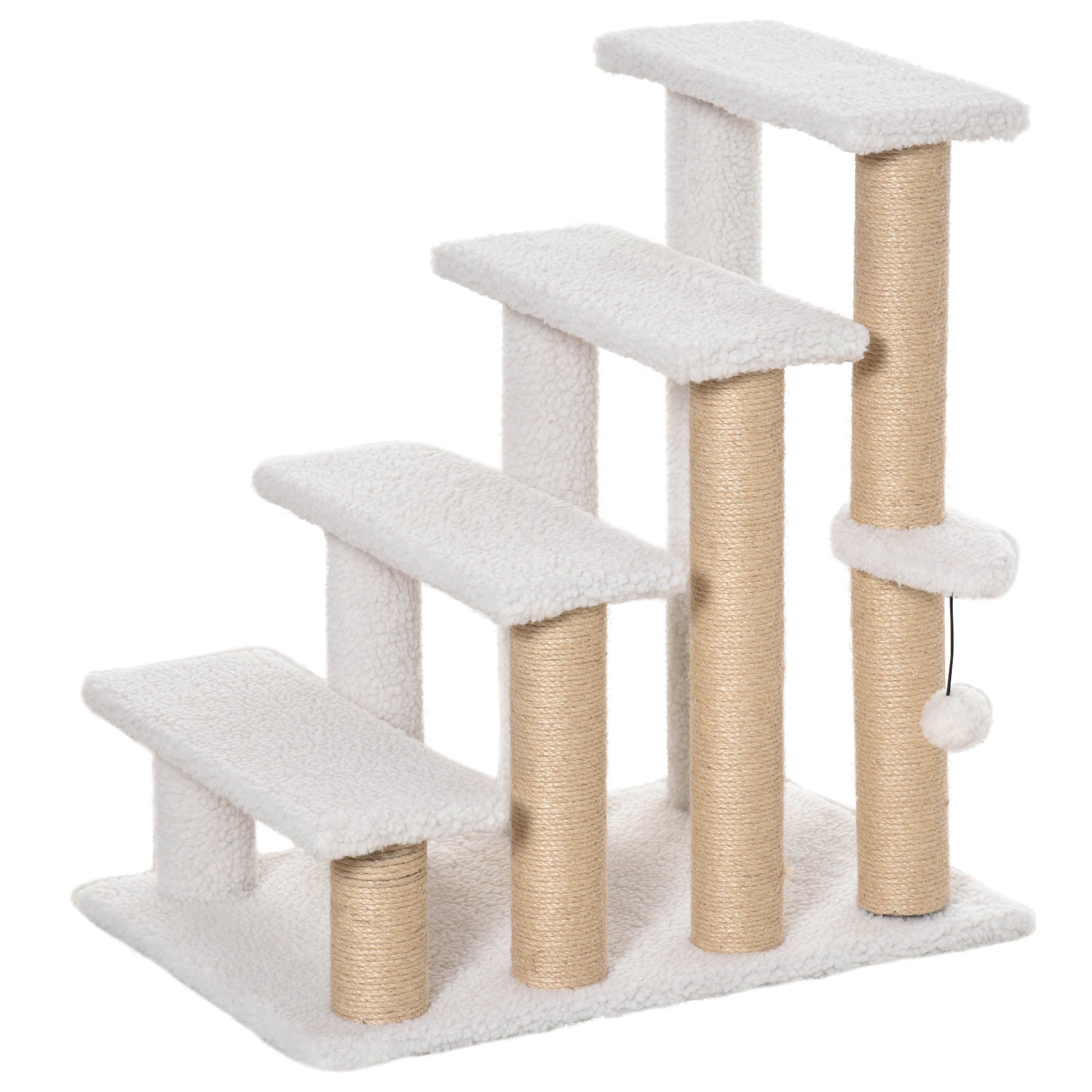 Pet Stairs, 4-Step with Scratching Post, Chipboard Plush Jute, White