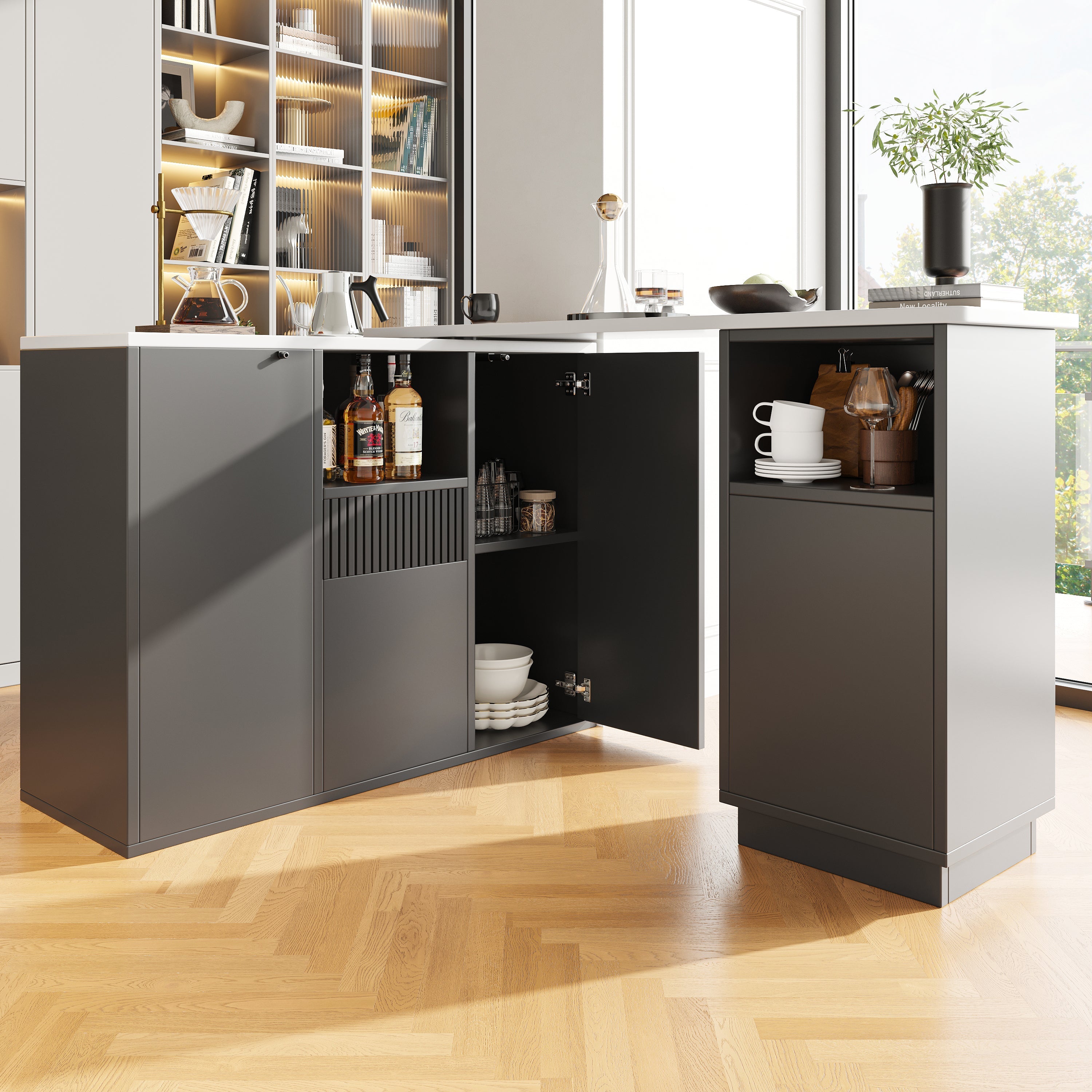 360° Swivelling Bar Table, Modern Design with Open Storage and Marble Worktop, Black