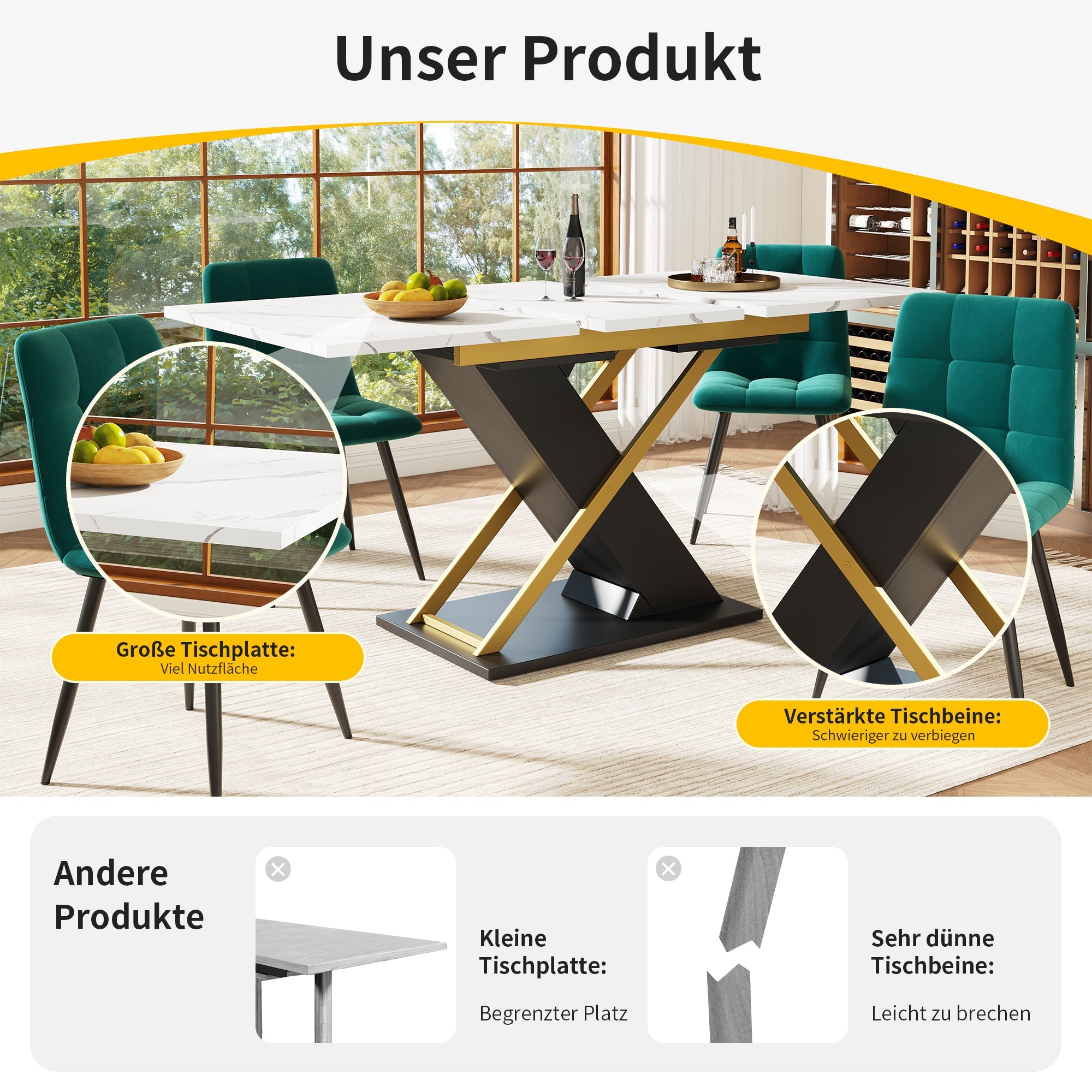 Extendable Dining Table 120-160cm Internal Leaf Golden Cross Legs