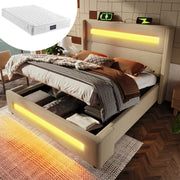 Upholstered Double Bed 140x200cm, LED, Hydraulic Storage, USB-C Charging, Beige Linen with Mattress
