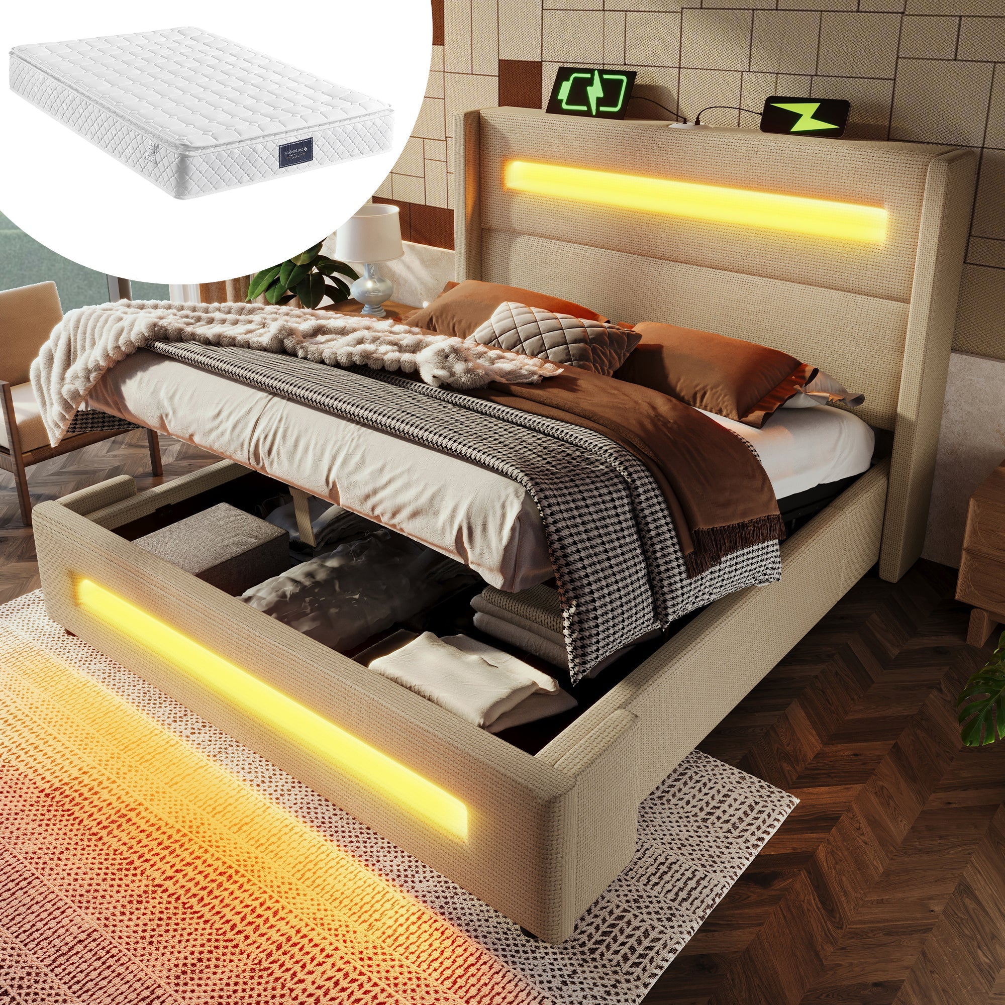 Upholstered Double Bed 140x200cm, LED, Hydraulic Storage, USB-C Charging, Beige Linen with Mattress