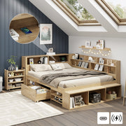 Children's Storage Bed 140x200cm Multifunctional Wireless Charging Drawers & Shelves - Natural