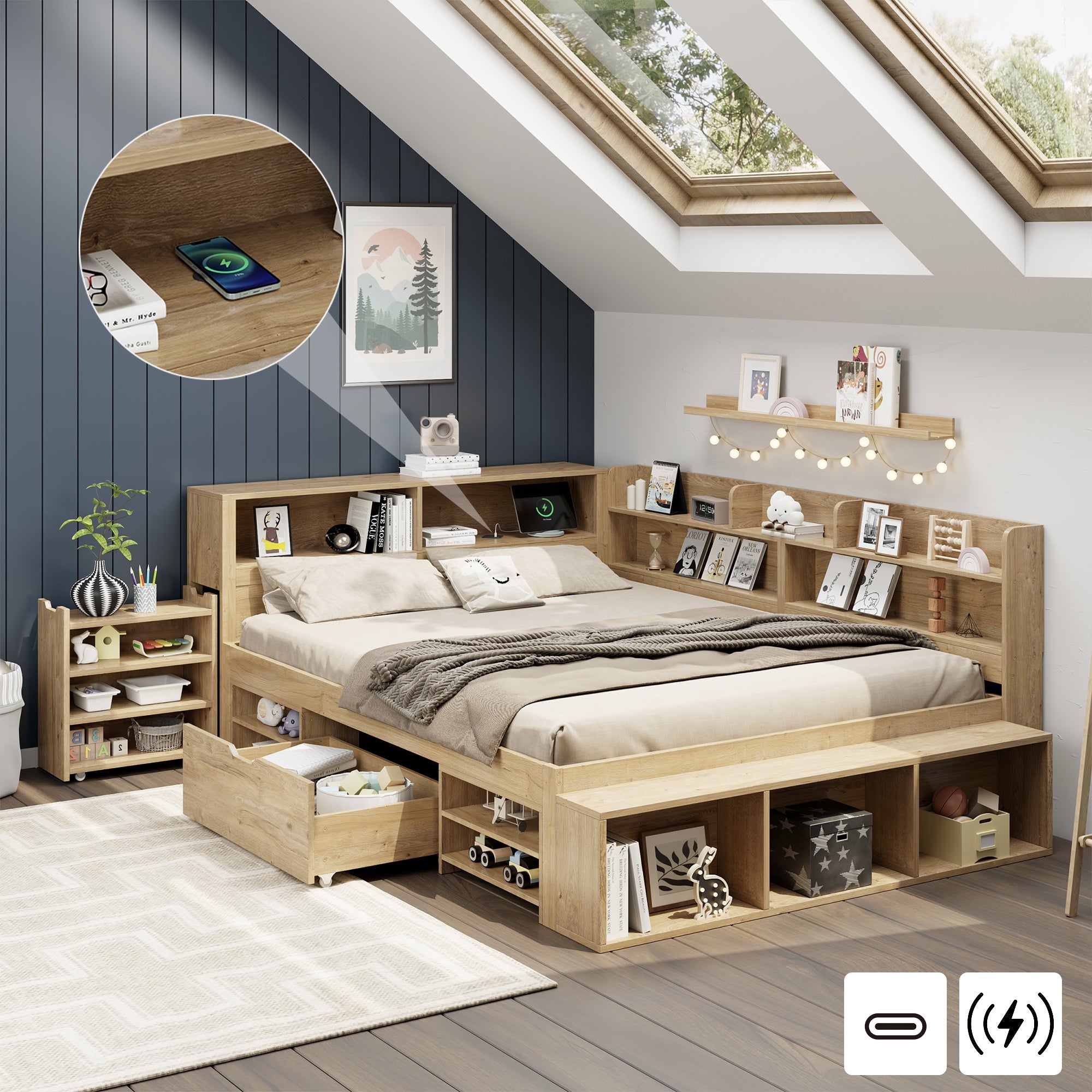 Children's Storage Bed 140x200cm Multifunctional Wireless Charging Drawers & Shelves - Natural