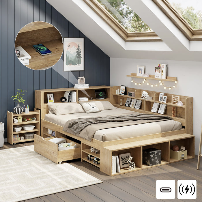 Children's Storage Bed 140x200cm Multifunctional Wireless Charging Drawers & Shelves - Natural