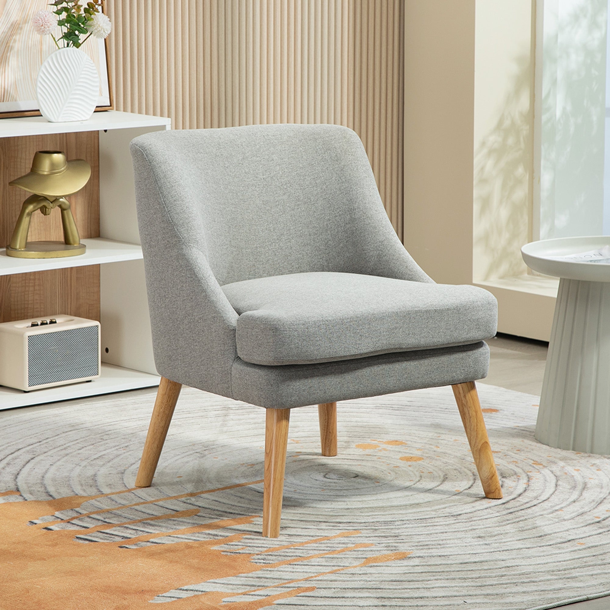 Armchair Lounge Chair, Upholstered with Armrest, Wooden Legs, Light Grey