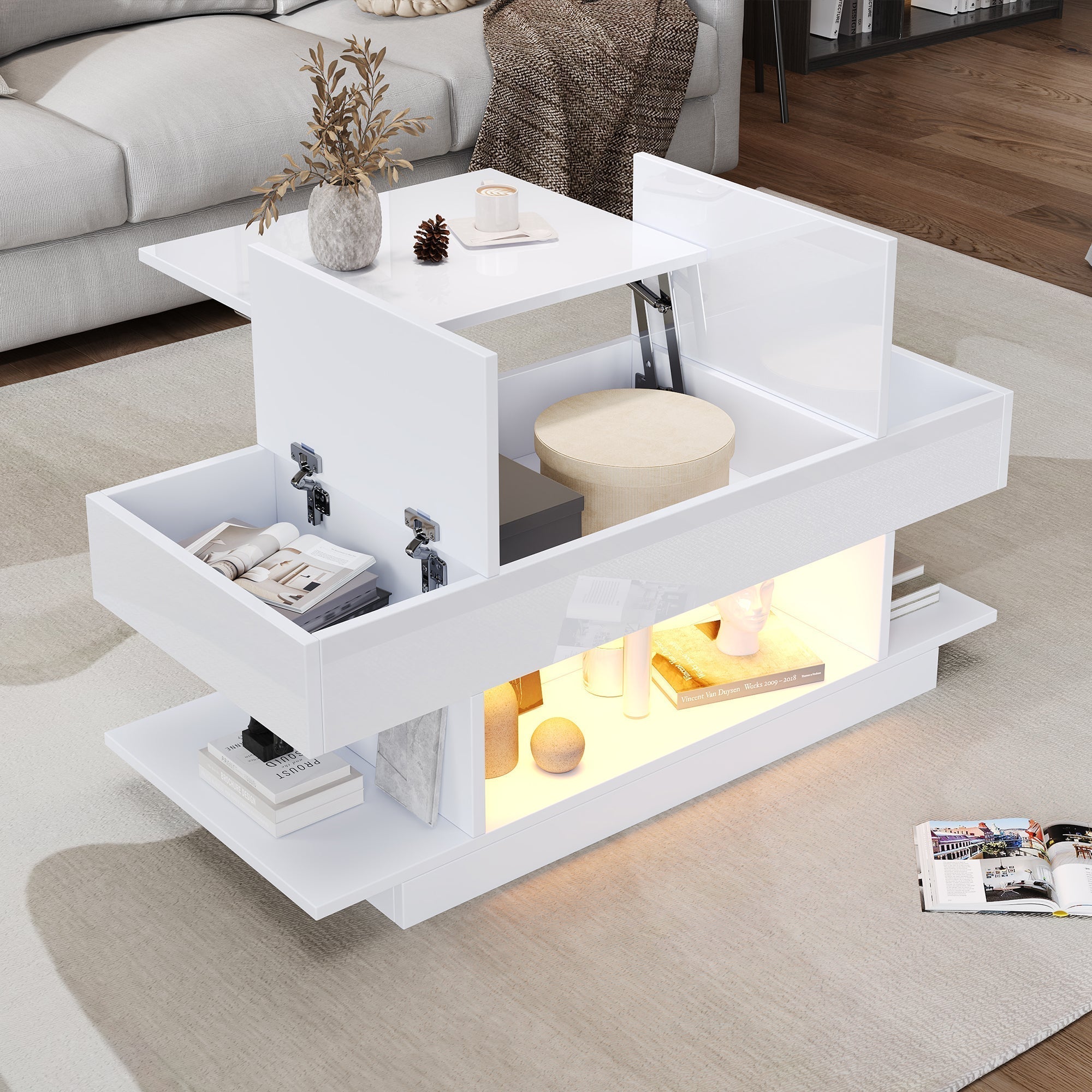 Lift Coffee Table, Height-Adjustable Storage LED, High-Gloss White