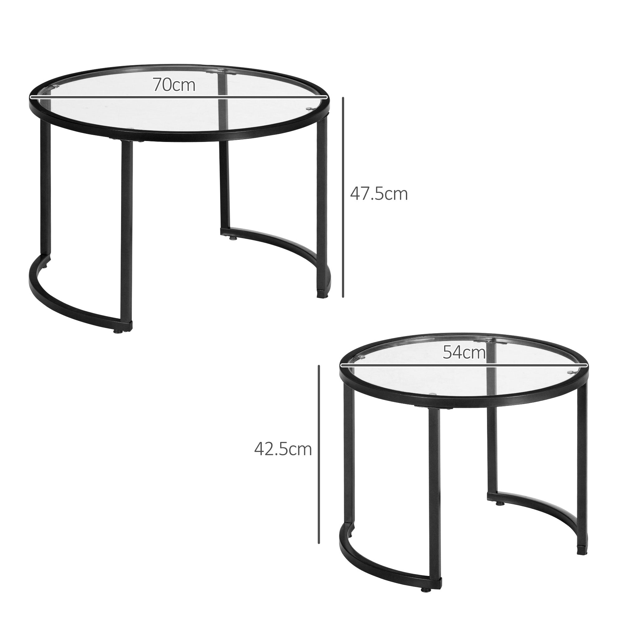 Couchtisch-Set 2-teilig, stapelbare Beistelltische, Stahl Schwarz & Sicherheitsglas