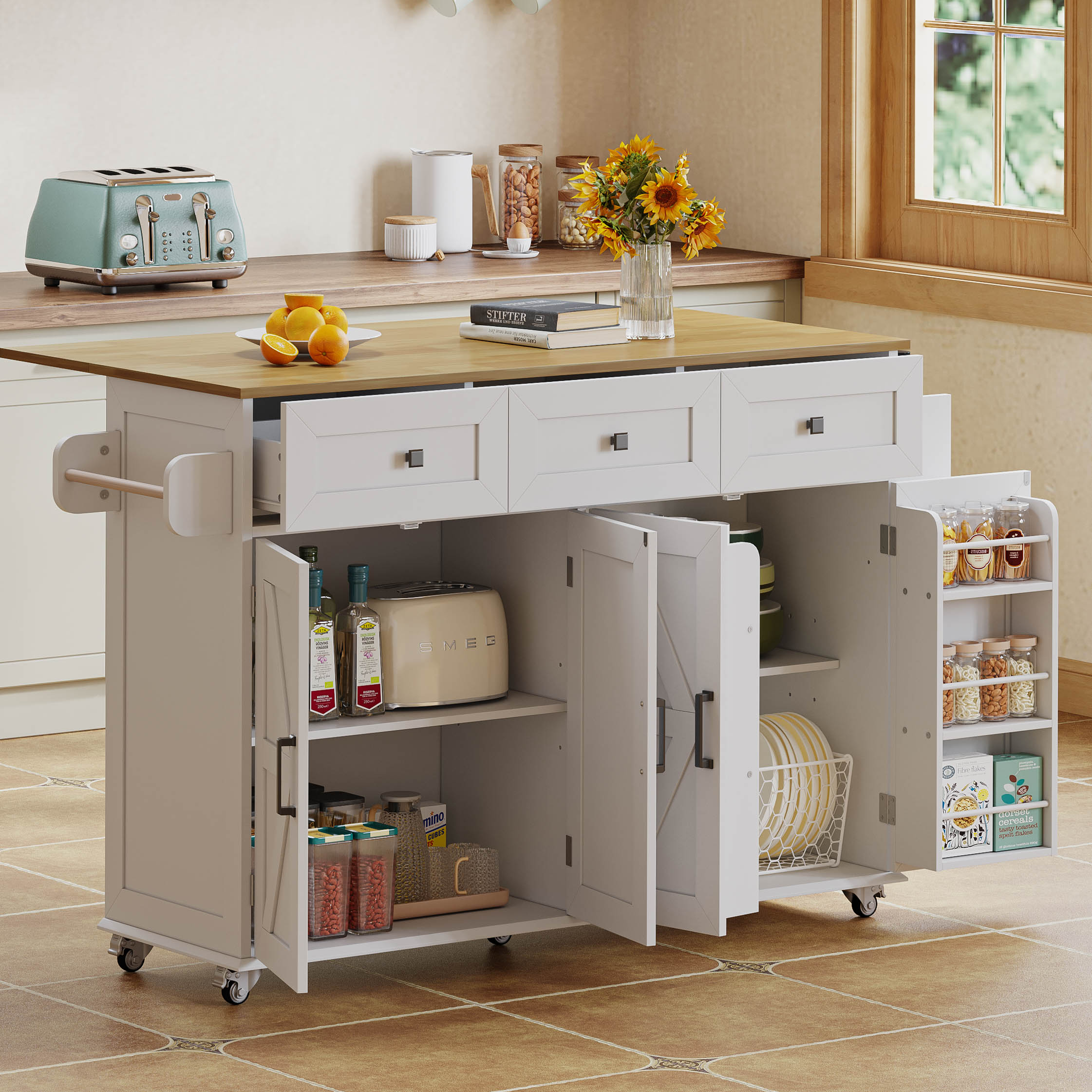 Kitchen Island Fold-Down Worktop 4 Doors 3 Drawers Barn Style with Casters - White