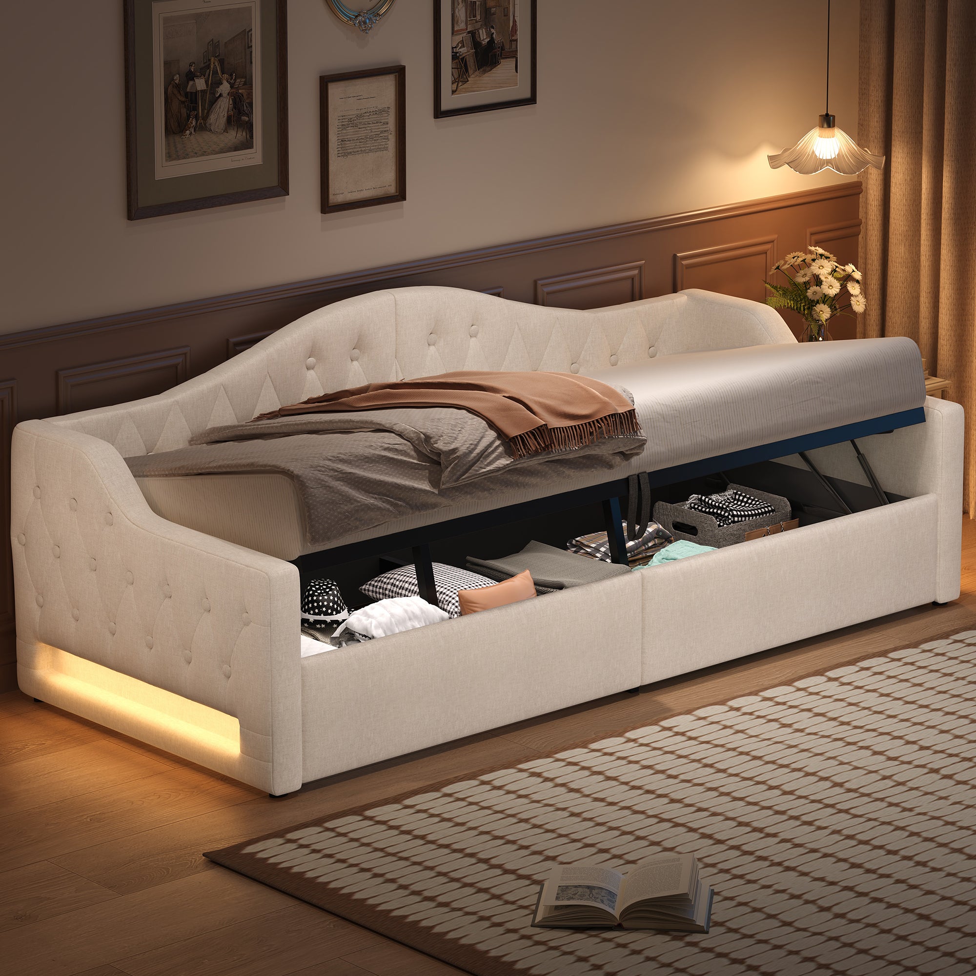 Upholstered Daybed, 90x200 LED Storage, Beige