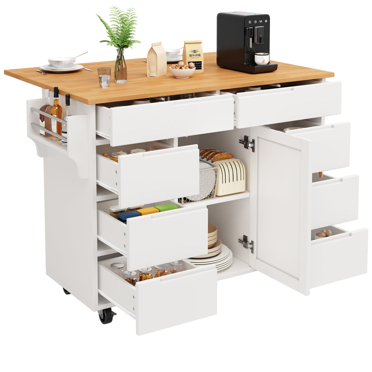 Extendable Kitchen Island Trolley 8 Drawers Worktop Wheels - White