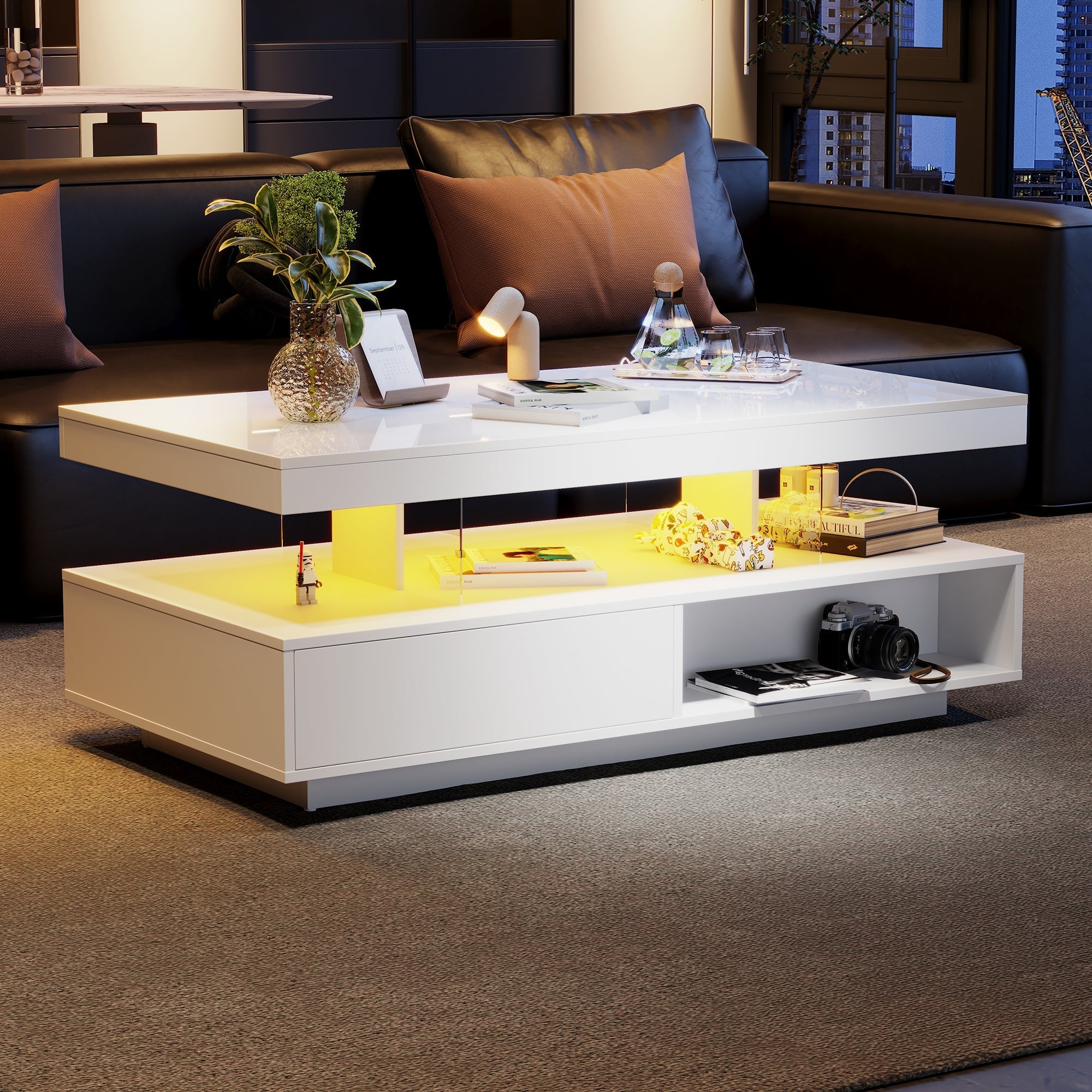 Led Coffee Table with 2 Drawer Storage, High Gloss with 16-Color Led Lights, White