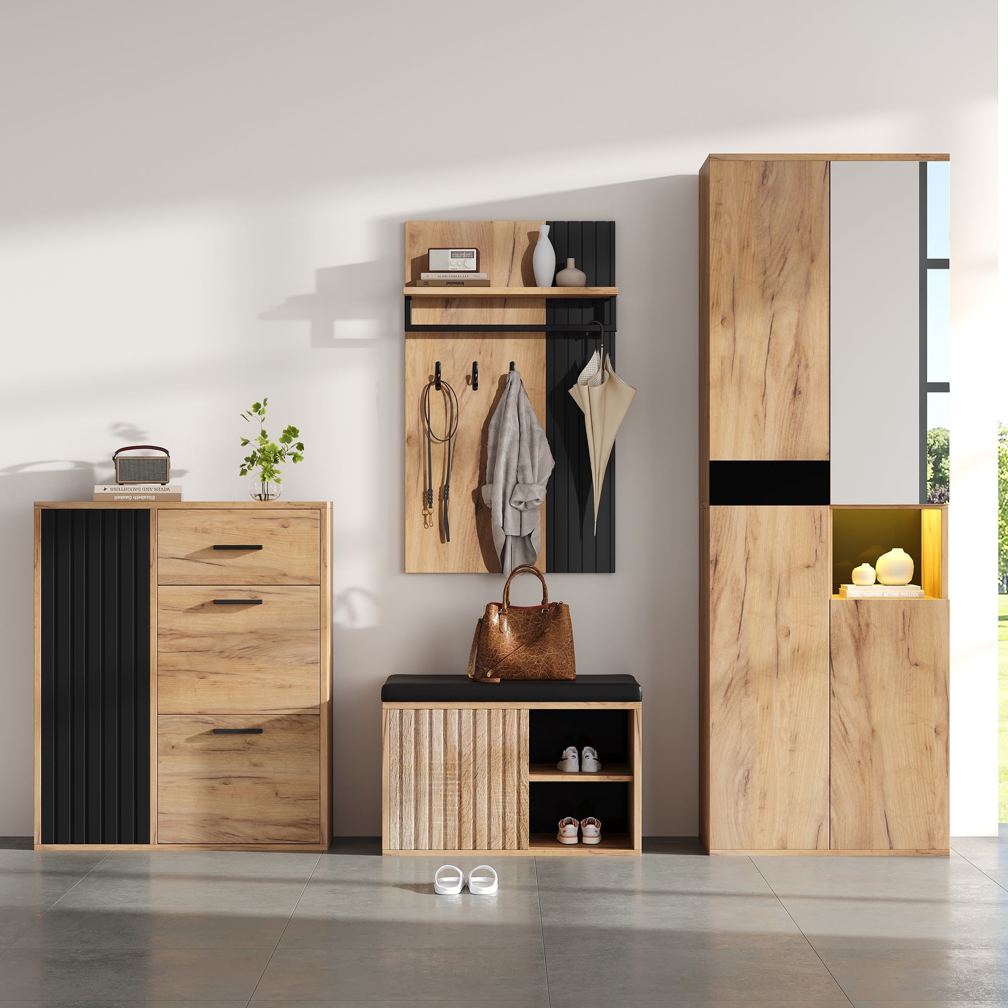 Wardrobe Set 4-Piece Wall-Mounted Coat Rack Shoe Cabinet Shoe Bench, Natural Wood/Black