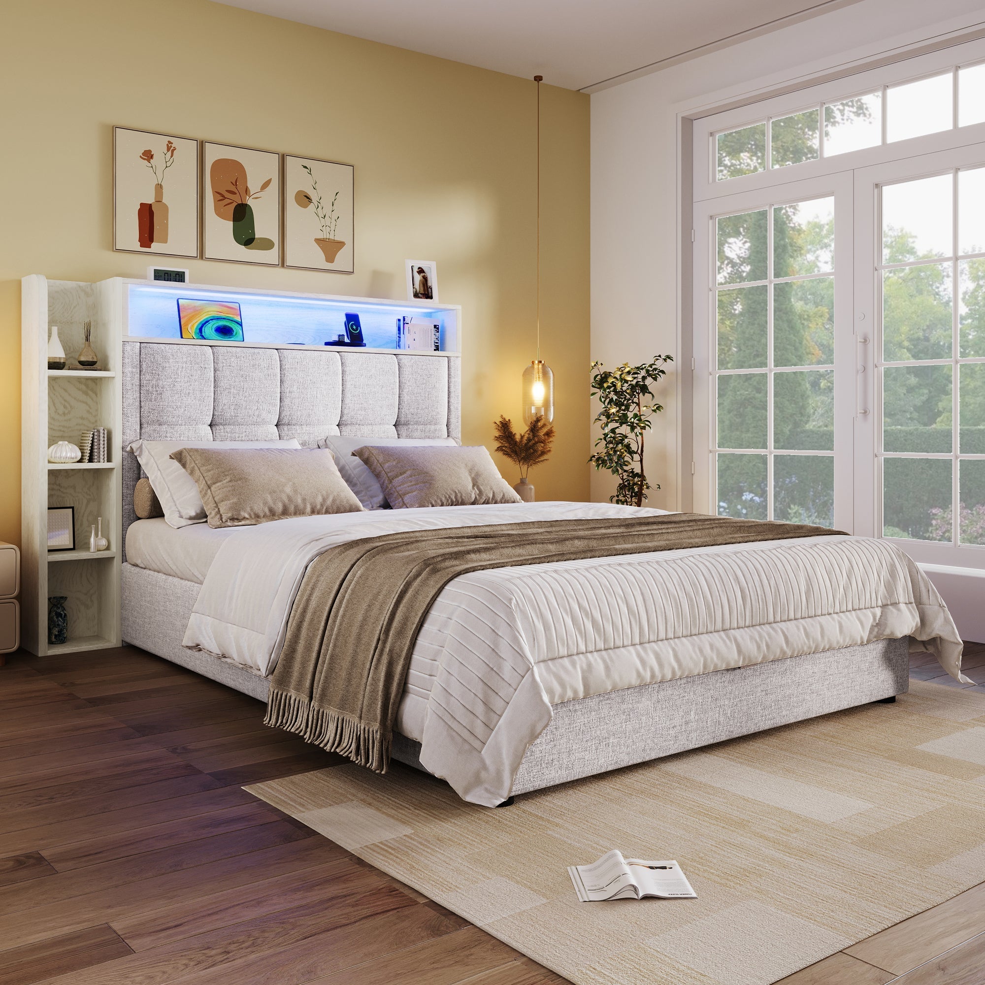 Upholstered Bed 90x200cm Multifunctional Storage LED USB/Type-C App Control - Linen Beige