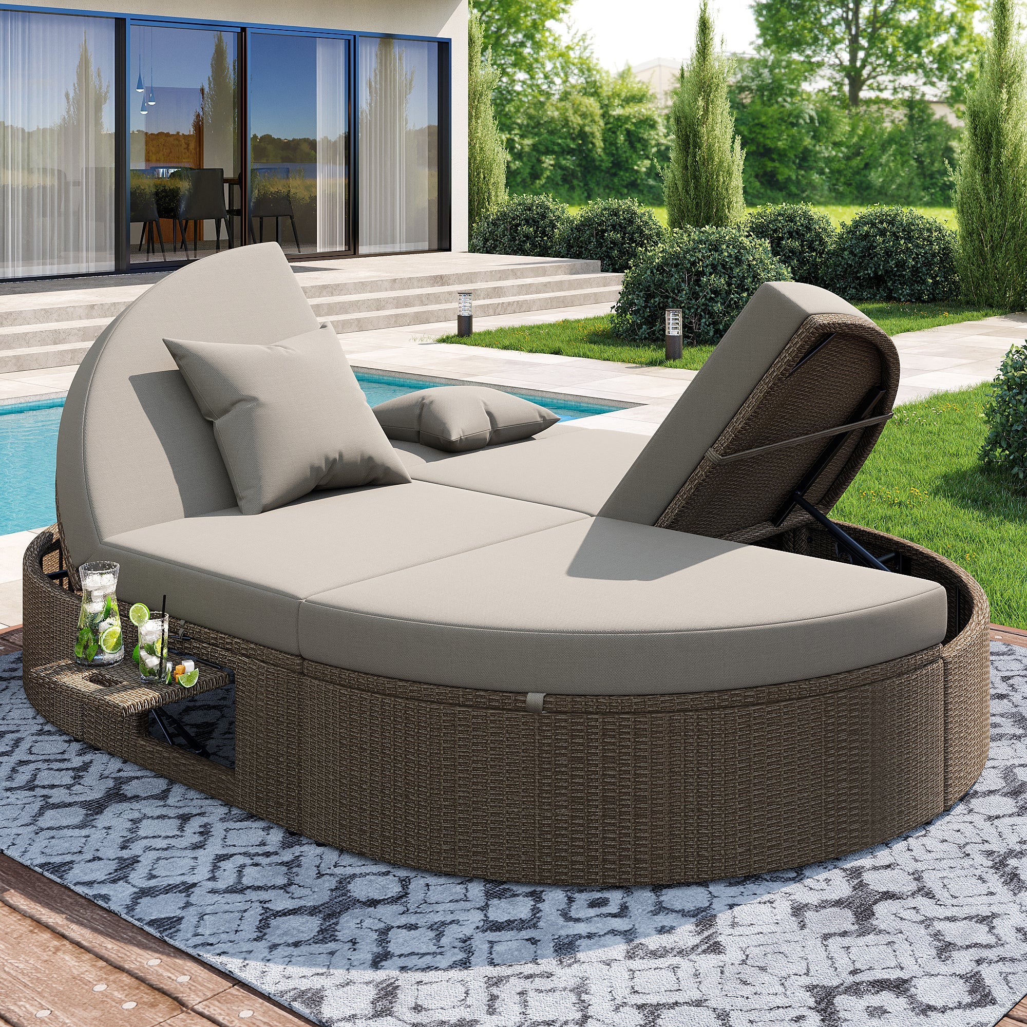 Rattan Double Lounger Outdoor Sunbed 2 Person Adjustable Angle Folding Table