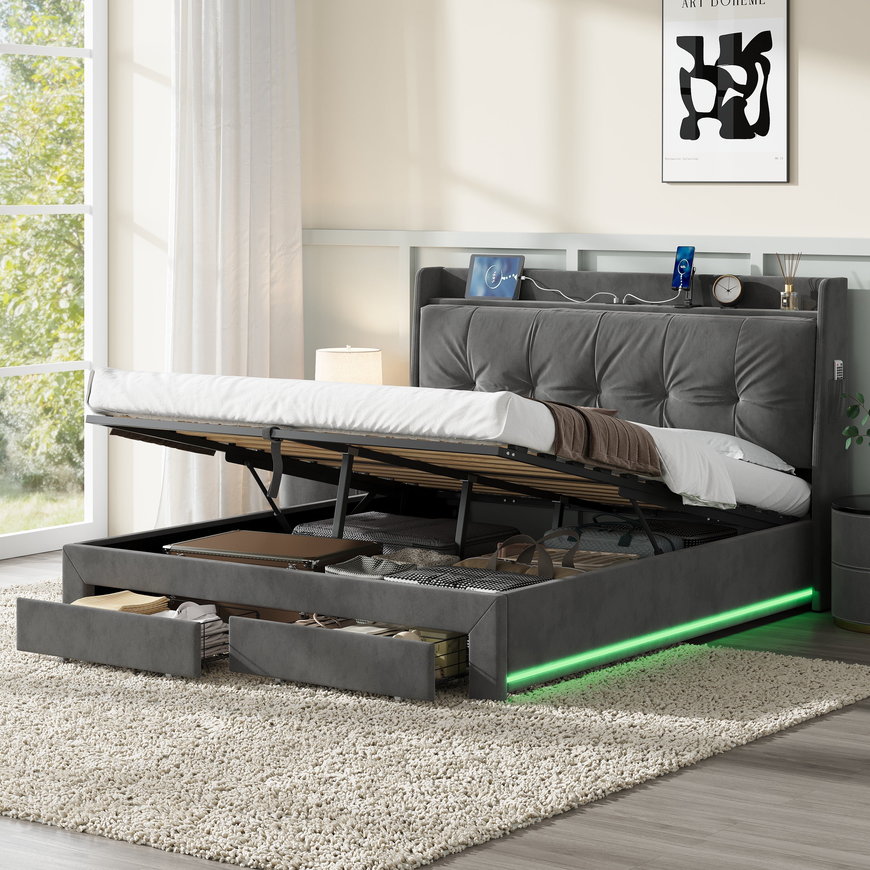 5ft King Upholstered Bed Frame with Hydraulic Storage, Charging Station, and RGB LED Lighting, Velvet Grey