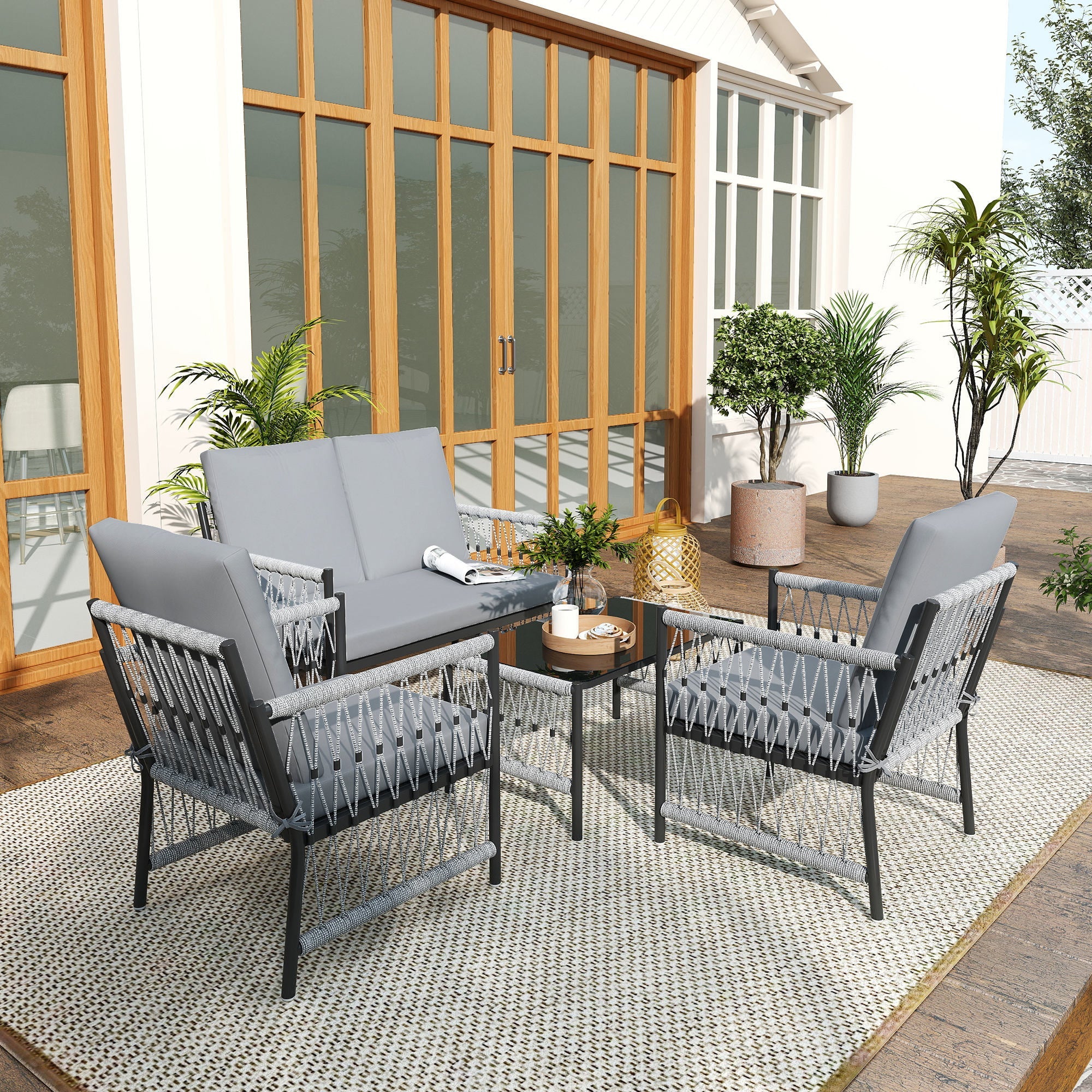 4 Piece Rattan Garden Furniture Set, 4 Seater Wicker Patio Conversation Set, Grey