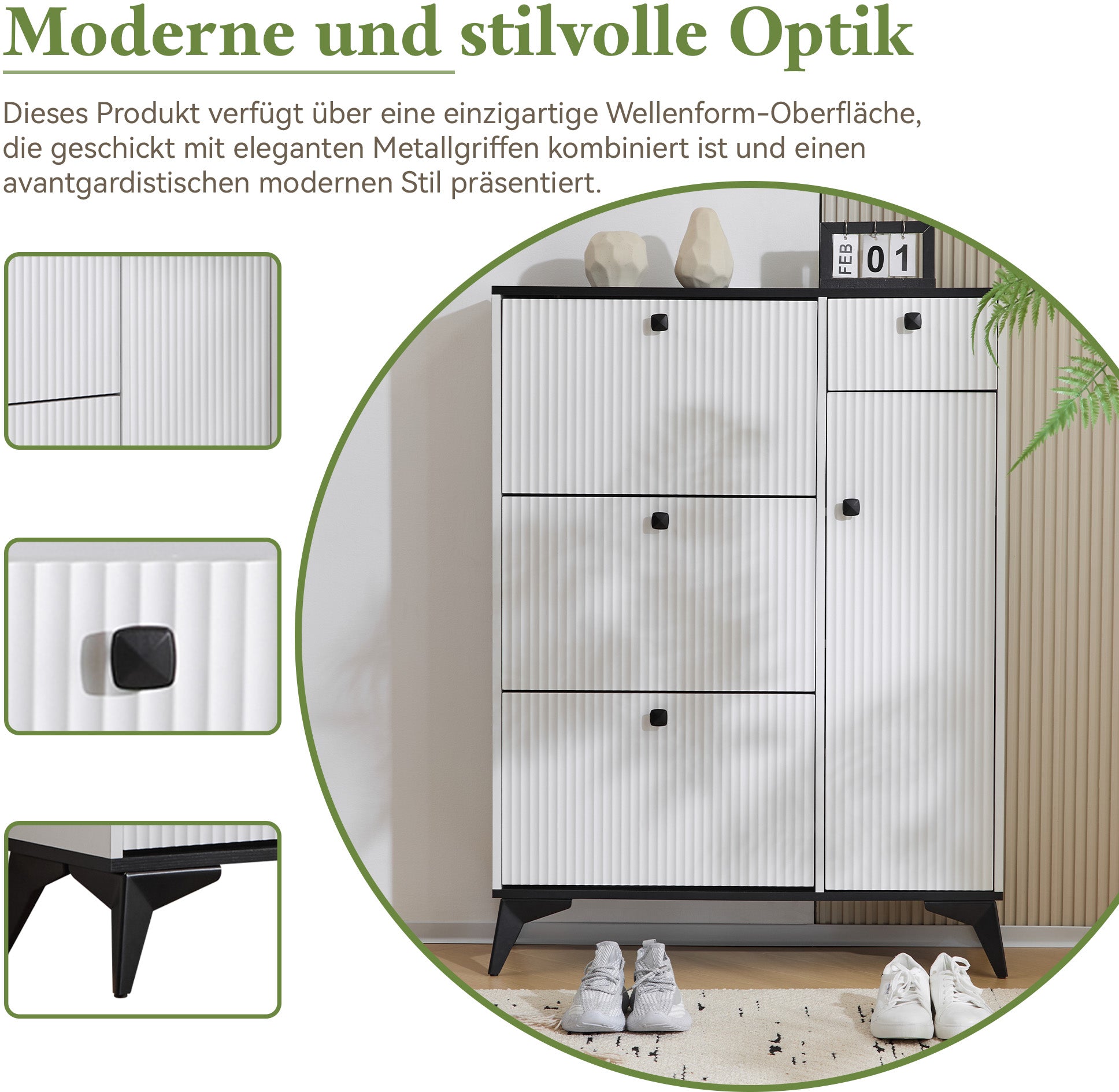 Shoe cabinet with 3 flaps, 1 drawer, 1 door, white