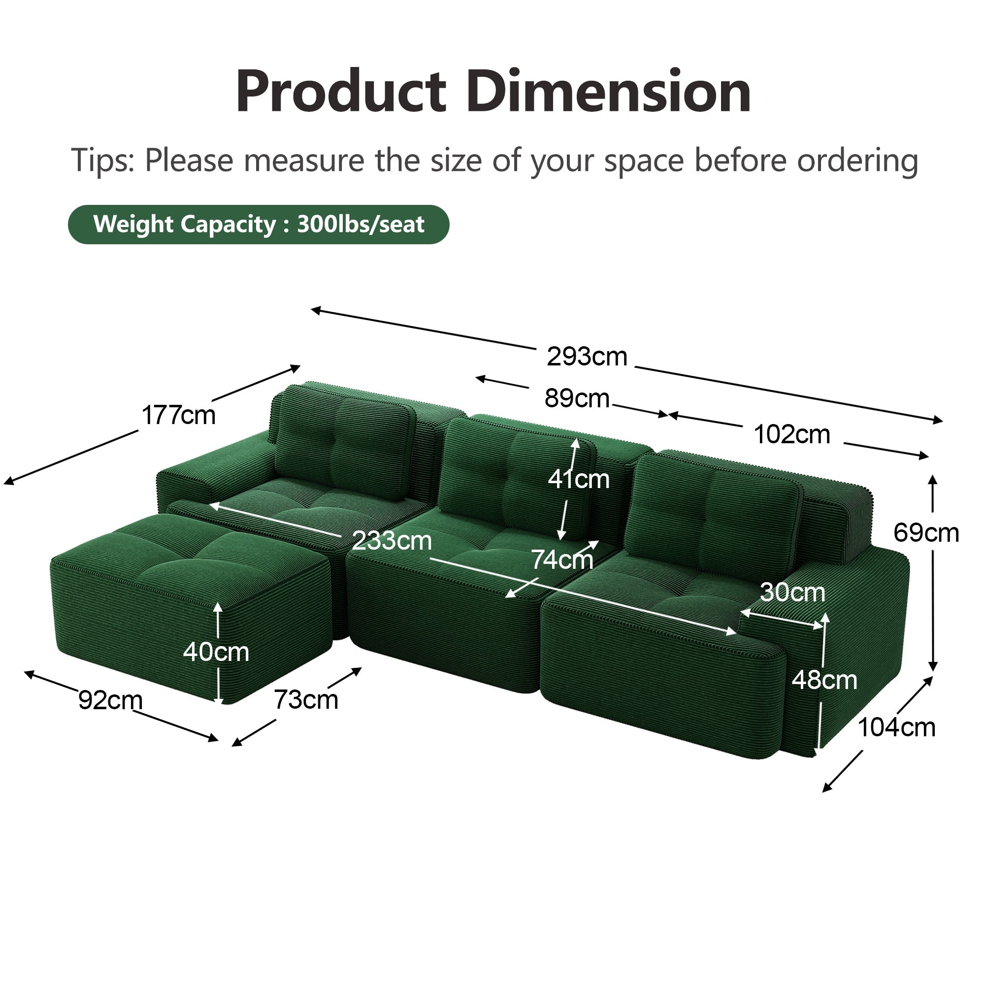 Cloud Modular Sofa L-Shape 3-Seater Ottoman - Corduroy Green